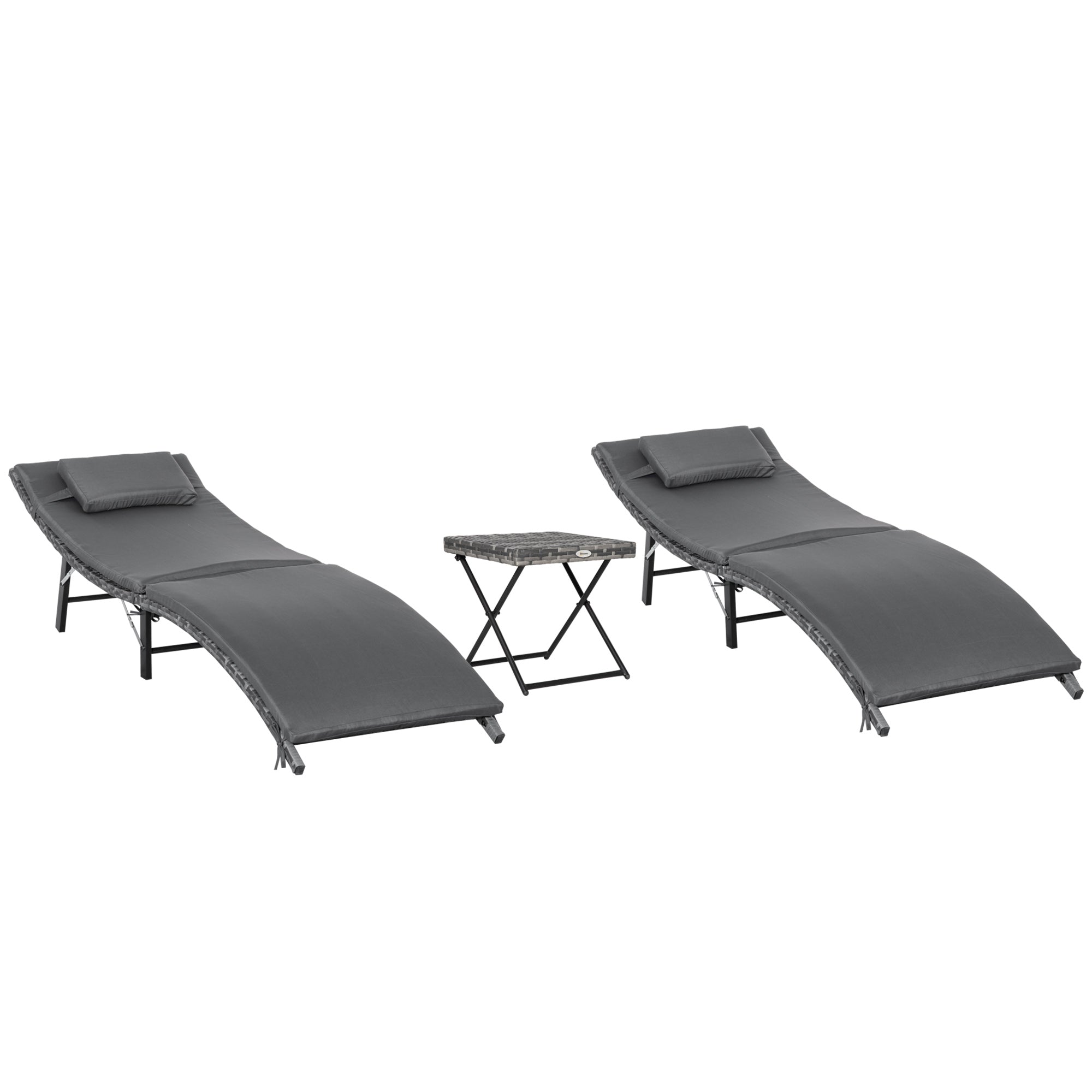 Set of 2 Foldable Sun Loungers, Garden Rattan Recliners with Removable Washable Cushions and Folding Table, Gray