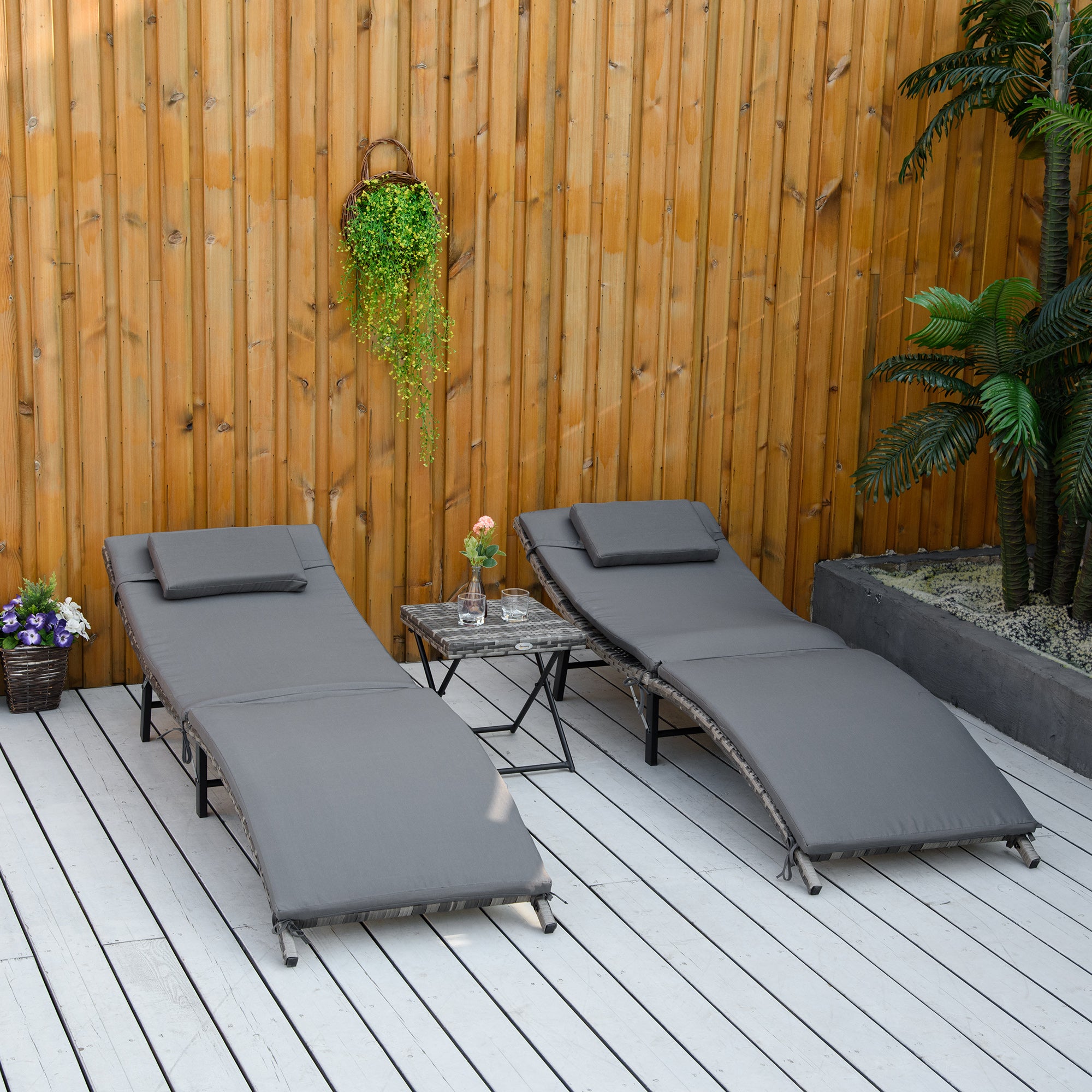 Set of 2 Foldable Sun Loungers, Garden Rattan Recliners with Removable Washable Cushions and Folding Table, Gray