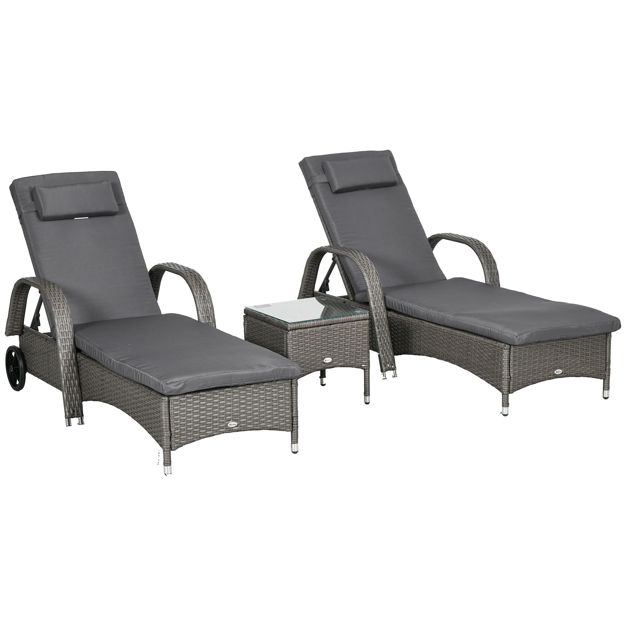Sun Lounger Garden Lounger Table 3-Piece Garden Furniture Set, Polyrattan+Metal Grey+Dark Grey