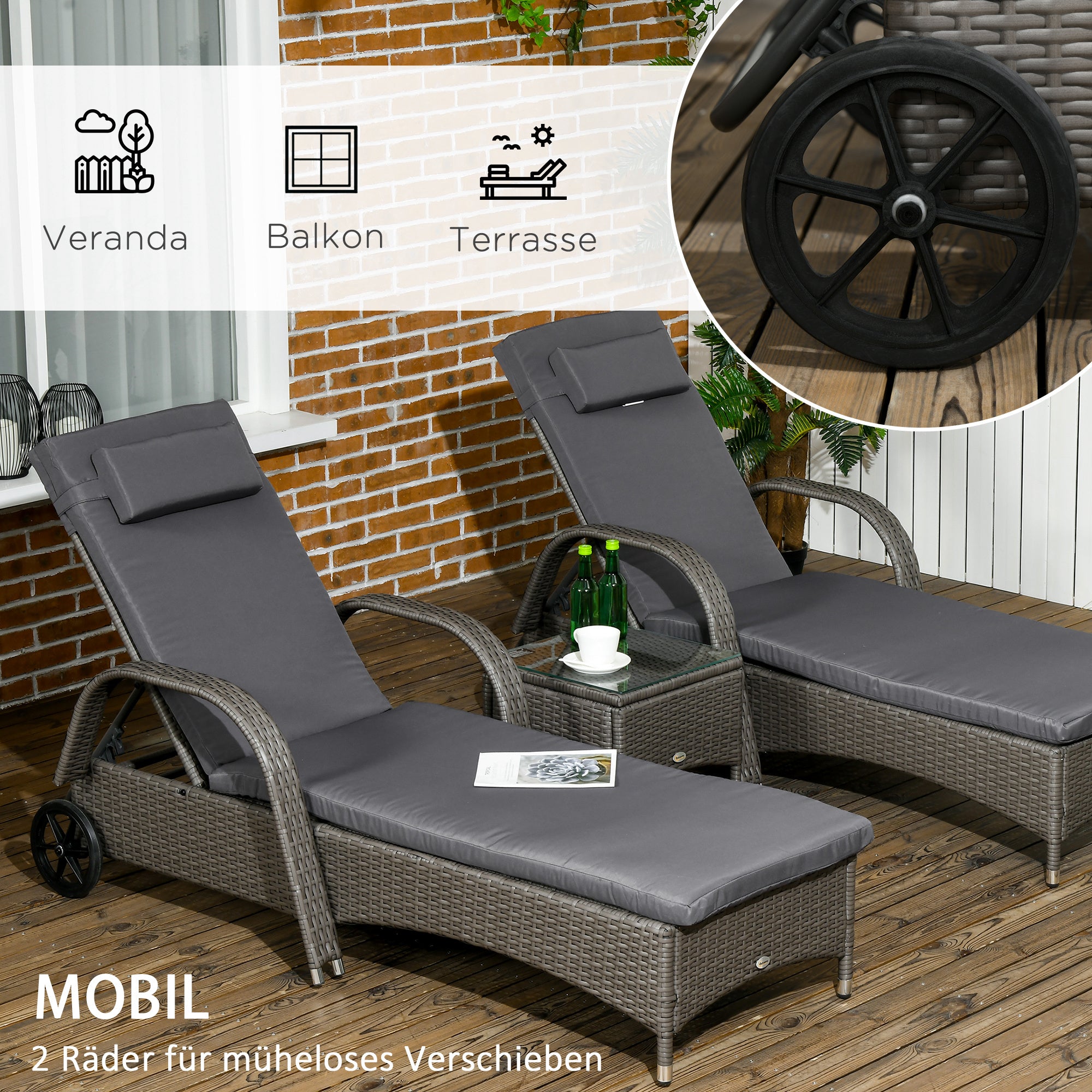 Sun Lounger Garden Lounger Table 3-Piece Garden Furniture Set, Polyrattan+Metal Grey+Dark Grey
