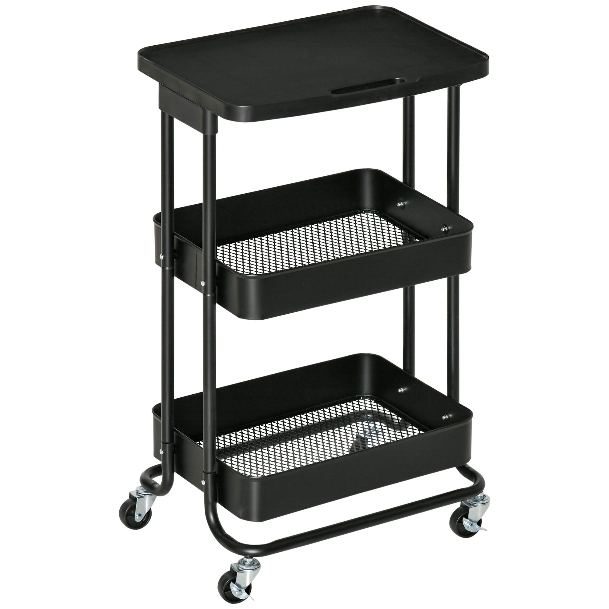 3-Tier Kitchen Cart with Wheels Storage Trolley with Brakes for Bathroom Living Room Bedroom Office 46x34.5x76.5 cm Black