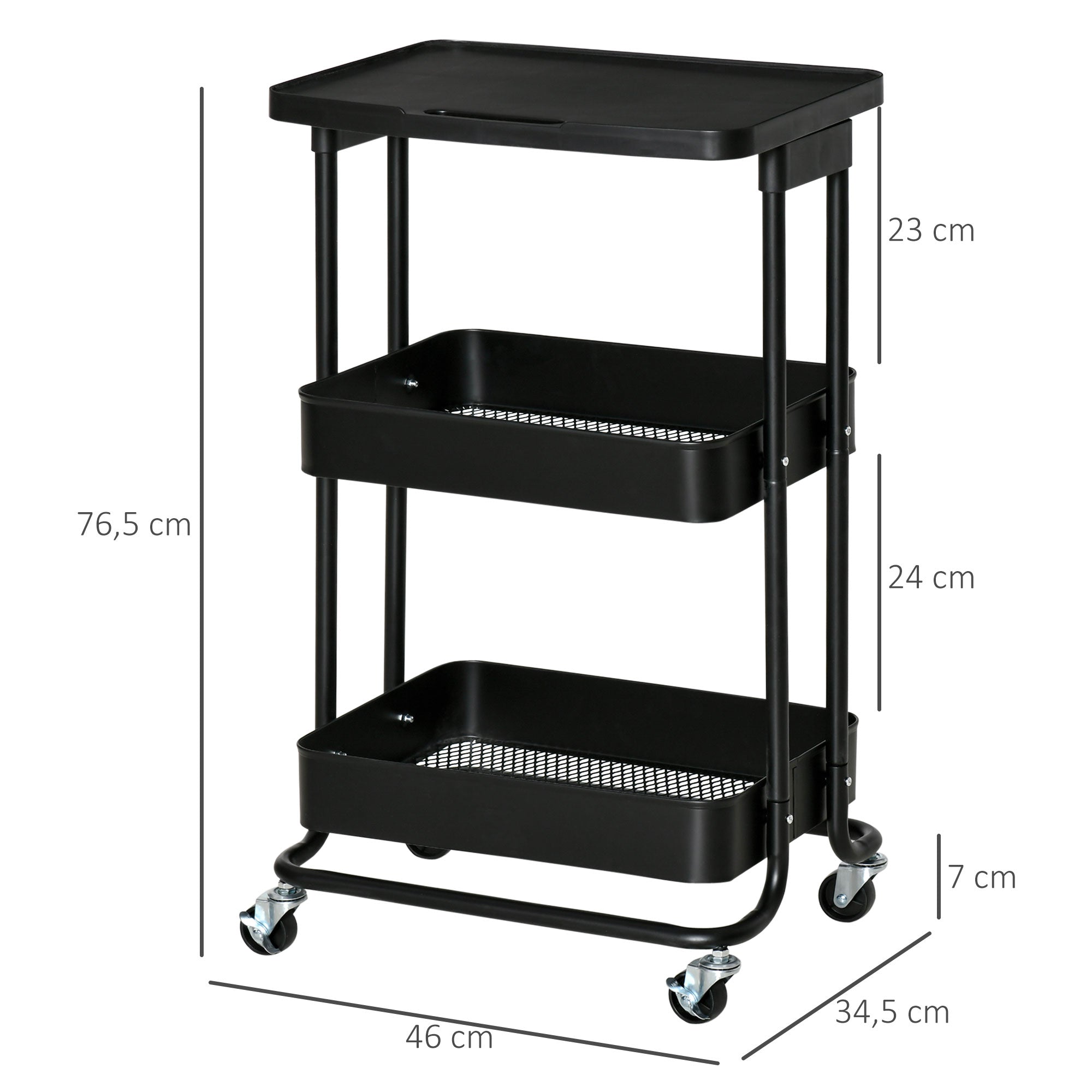 3-Tier Kitchen Cart with Wheels Storage Trolley with Brakes for Bathroom Living Room Bedroom Office 46x34.5x76.5 cm Black