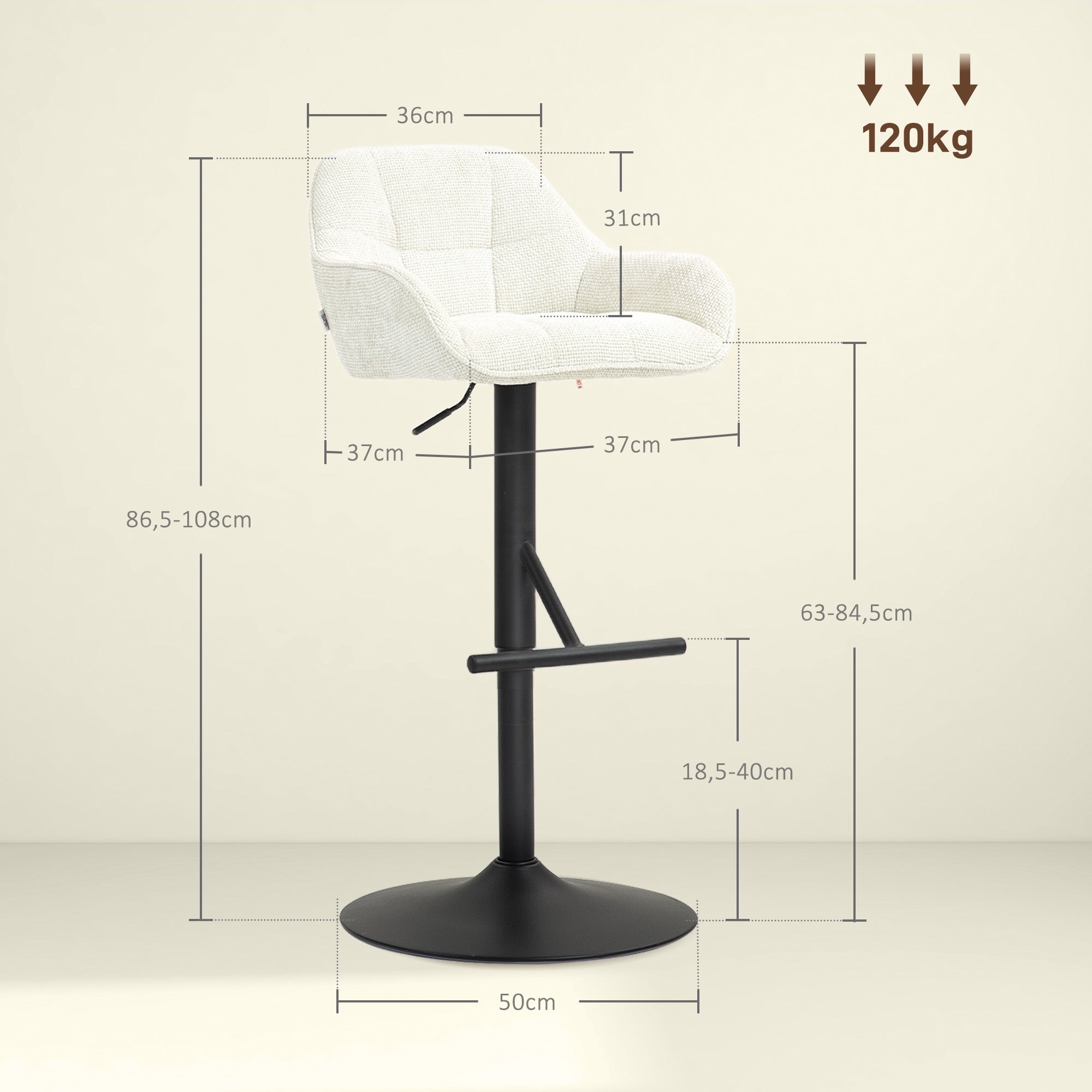 Set of 2 Bar Stools, Bar Chairs, Height Adjustable, Swivel Seat, with Backrest and Footrest, Linen Fabric and Steel Base, for Bar, Kitchen, Dining Room, Cream