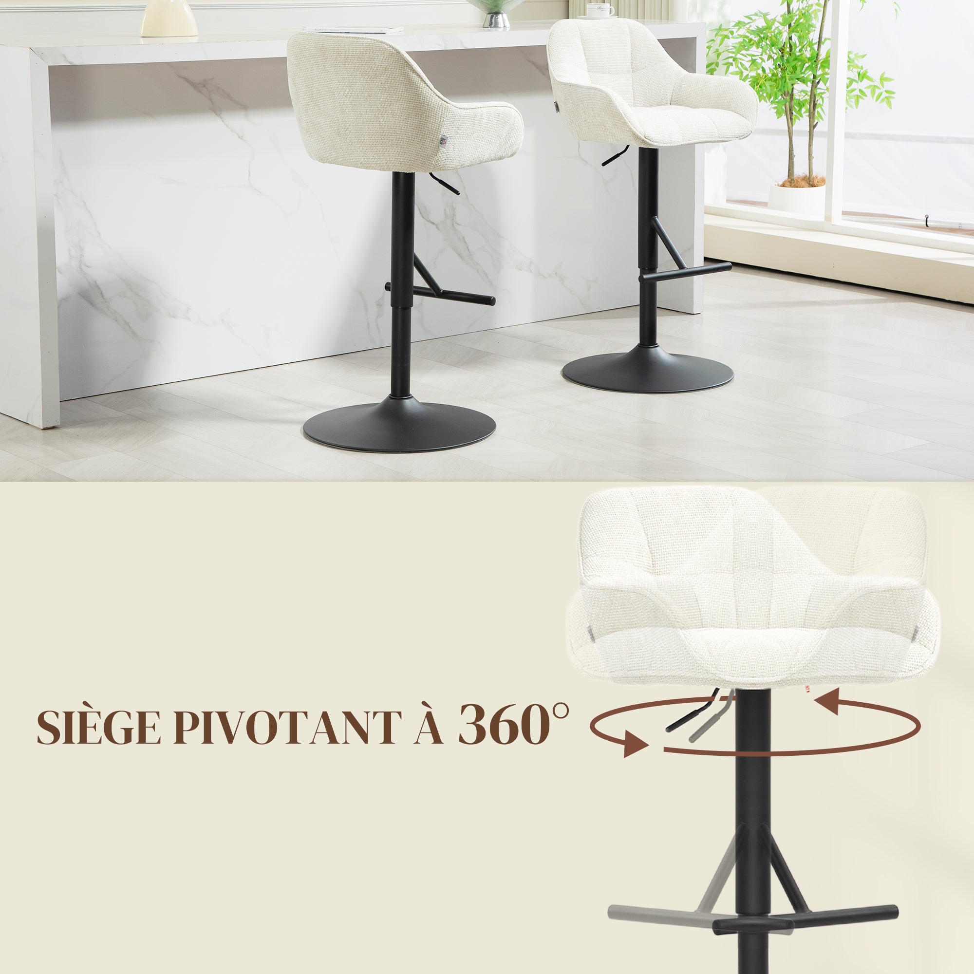 Set of 2 Bar Stools, Bar Chairs, Height Adjustable, Swivel Seat, with Backrest and Footrest, Linen Fabric and Steel Base, for Bar, Kitchen, Dining Room, Cream