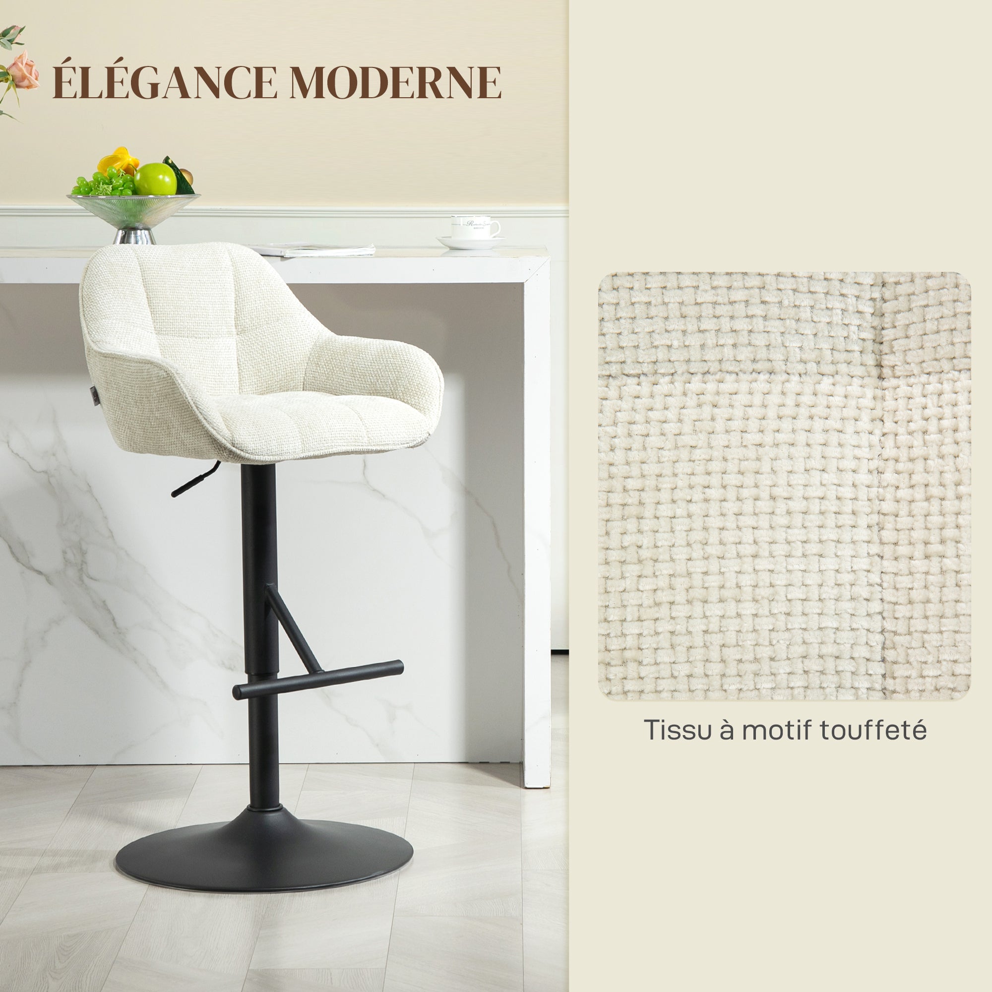 Set of 2 Bar Stools, Bar Chairs, Height Adjustable, Swivel Seat, with Backrest and Footrest, Linen Fabric and Steel Base, for Bar, Kitchen, Dining Room, Cream