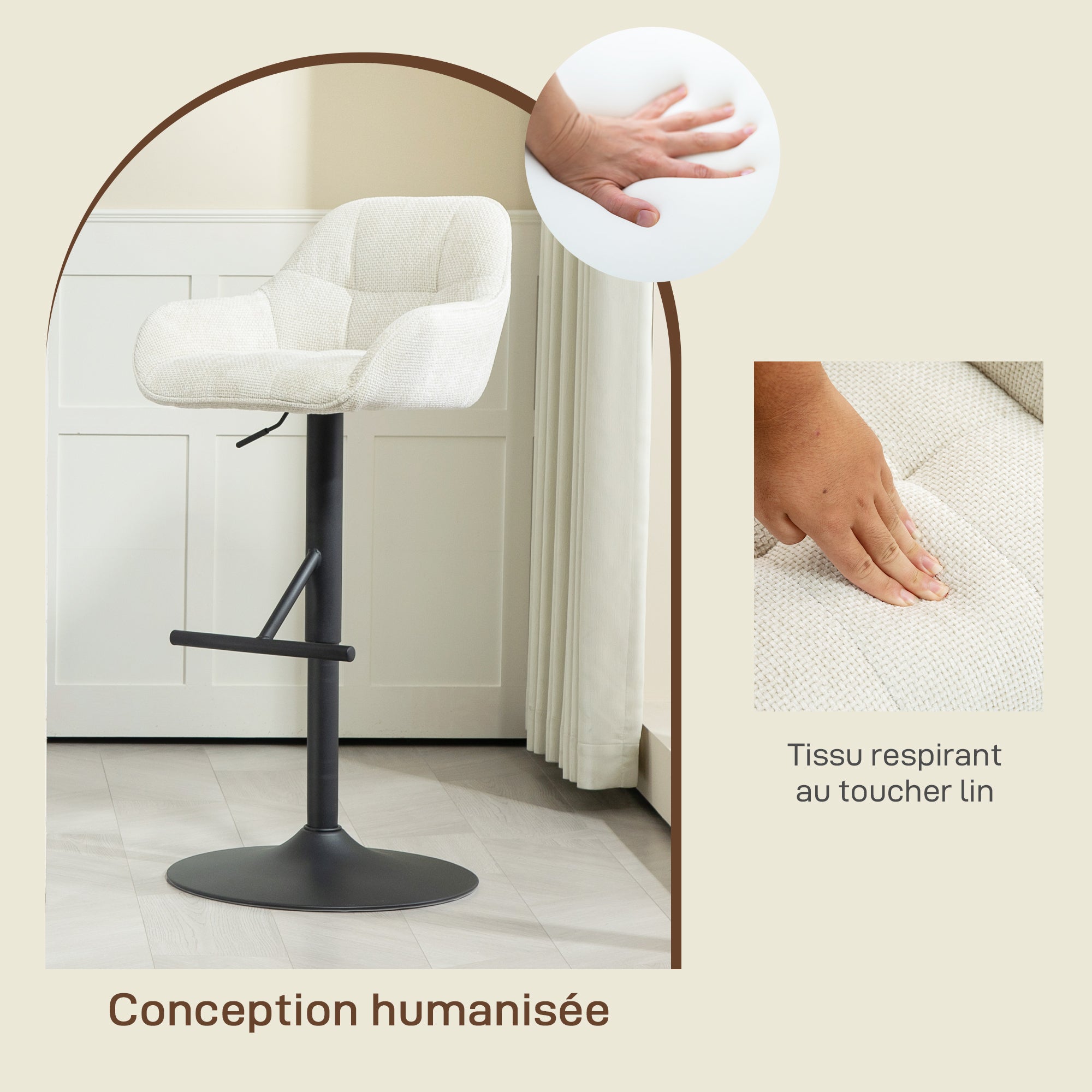 Set of 2 Bar Stools, Bar Chairs, Height Adjustable, Swivel Seat, with Backrest and Footrest, Linen Fabric and Steel Base, for Bar, Kitchen, Dining Room, Cream