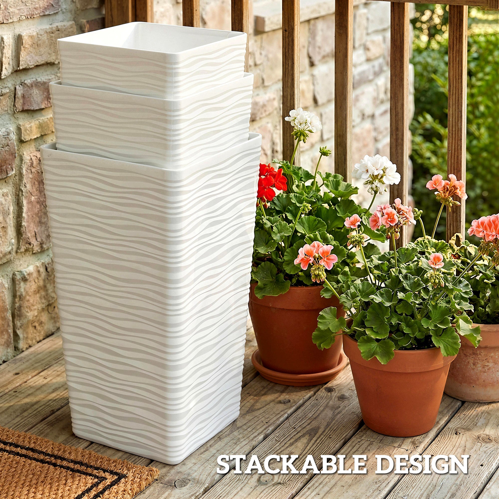 Set of 3 Stackable Square Outdoor Planters with Wavy Pattern, Drainage Holes, 42/55/65 cm (16.5/21.7/25.6 in) — White, Black, Brown