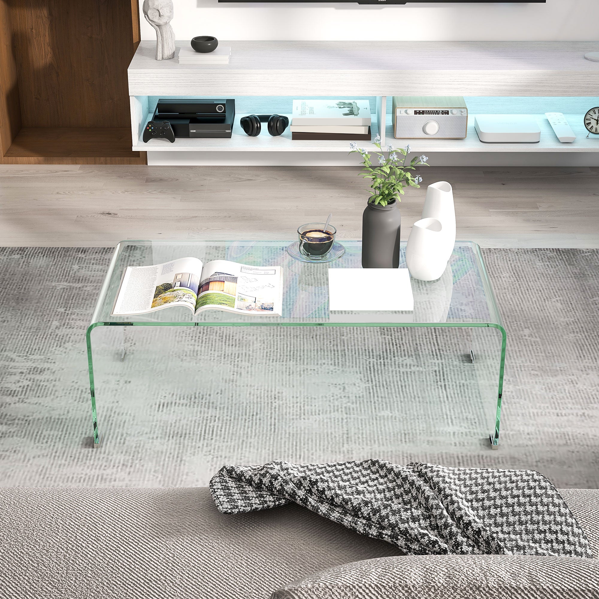 Modern Monobloc Coffee Table with Non-Slip Feet, Tempered Glass Table, 100x50x35 cm, Transparent