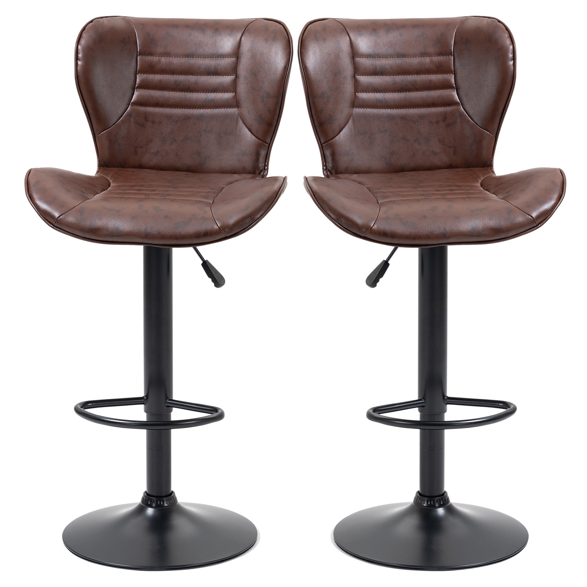 Set of 2 Bar Stools Upholstered in Faux Leather High Dining Stools Adjustable Height Swivel with Backrest and Footrest 46.5x54x88-108 cm Brown