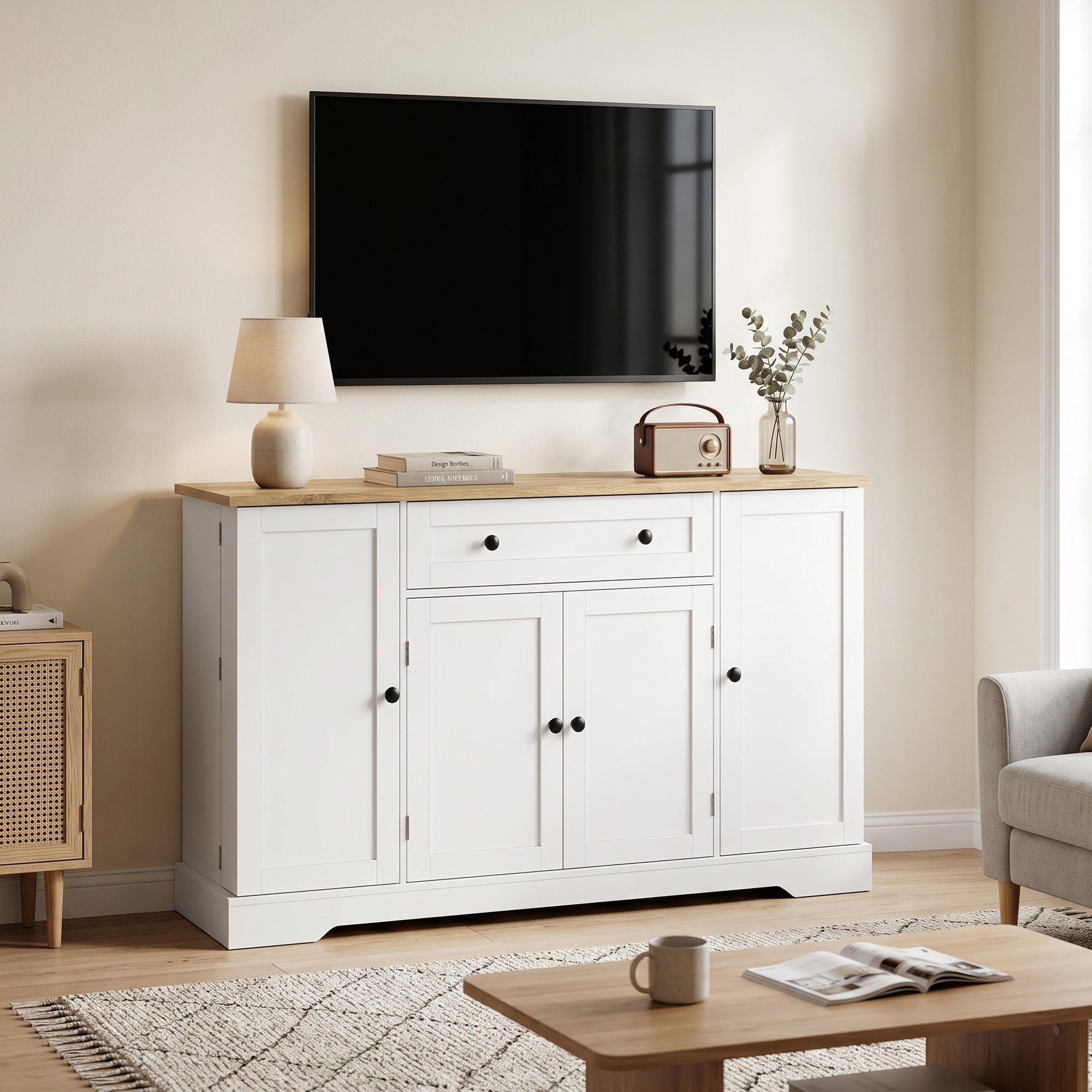 Sideboard Kitchen Cabinet with 4 Doors & Drawer, Adjustable Shelves, Door Racks Buffet Cabinet for Kitchen, Dining Room, Living Room, 138 x 40 x 85 cm (54.3" x 15.7" x 33.5"), White