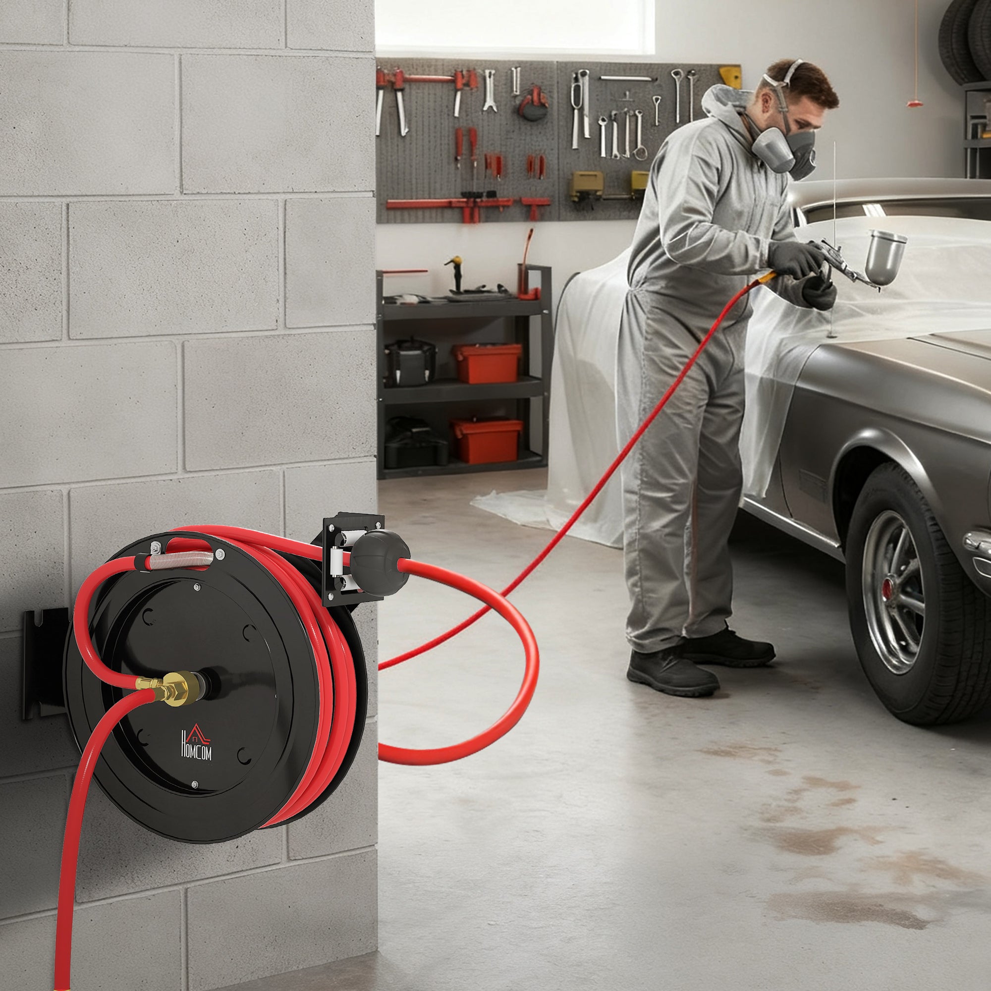15m+1m Retractable Air Hose Reel with 1/4" Fitting, 9.5 x 15.8 mm, Max 20 bar, Hose Brake, Wall Mount