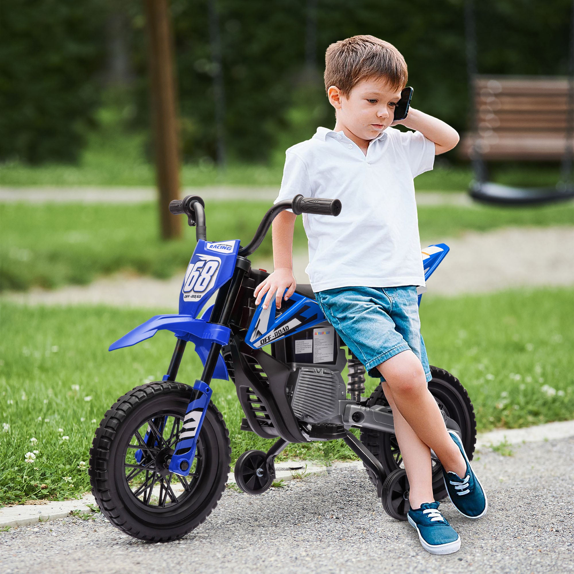 Children's Electric Motorcycle, 12V Kid's Bike with Music, Kids Vehicle with Removable Training Wheels, 2.4-5 km/h, for 3-6 Years Old Kids, max. 30 kg, Blue