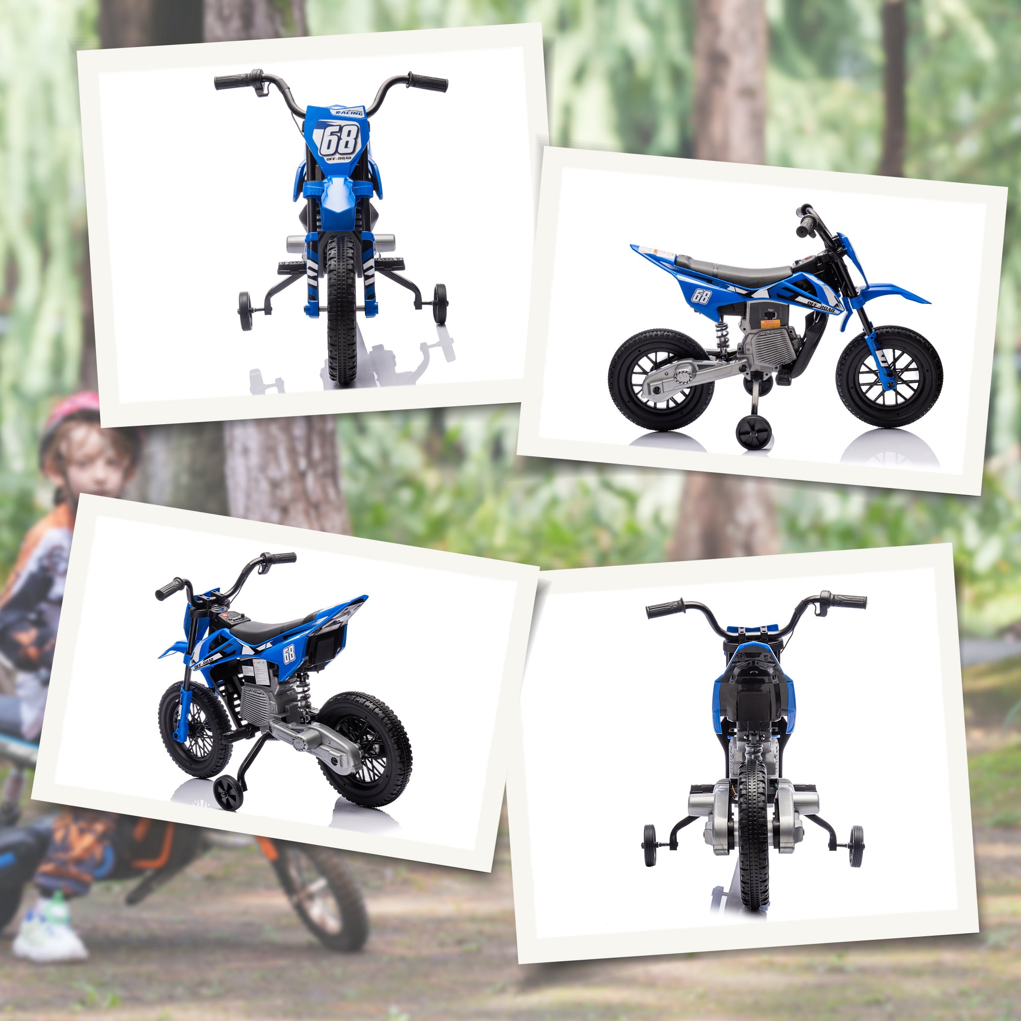 Children's Electric Motorcycle, 12V Kid's Bike with Music, Kids Vehicle with Removable Training Wheels, 2.4-5 km/h, for 3-6 Years Old Kids, max. 30 kg, Blue