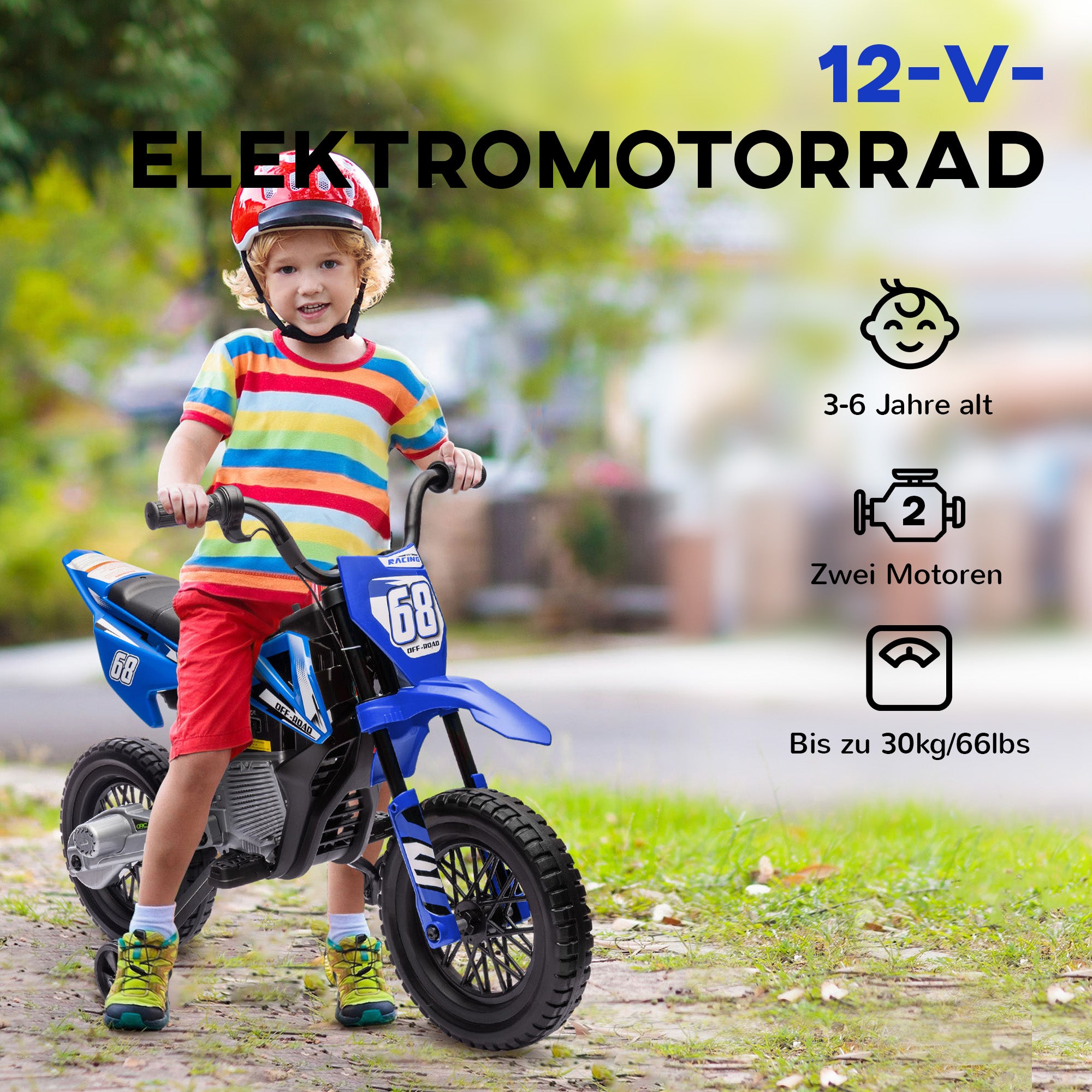 Children's Electric Motorcycle, 12V Kid's Bike with Music, Kids Vehicle with Removable Training Wheels, 2.4-5 km/h, for 3-6 Years Old Kids, max. 30 kg, Blue