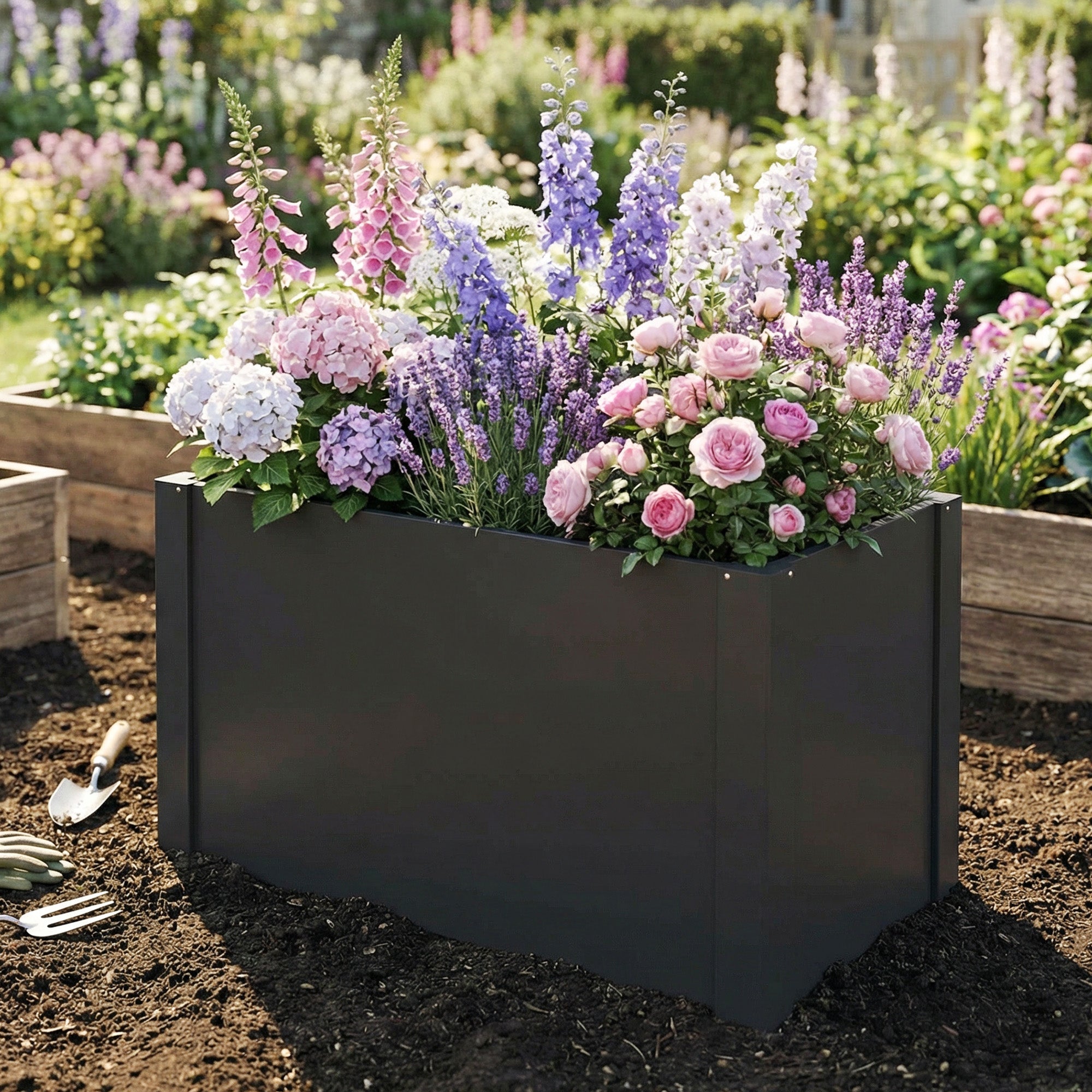 Galvanized Steel Raised Garden Bed 40.2" x 20.5" x 21.7" with Gloves — Open-Bottom, Weatherproof Planter for Garden & Balcony, Black
