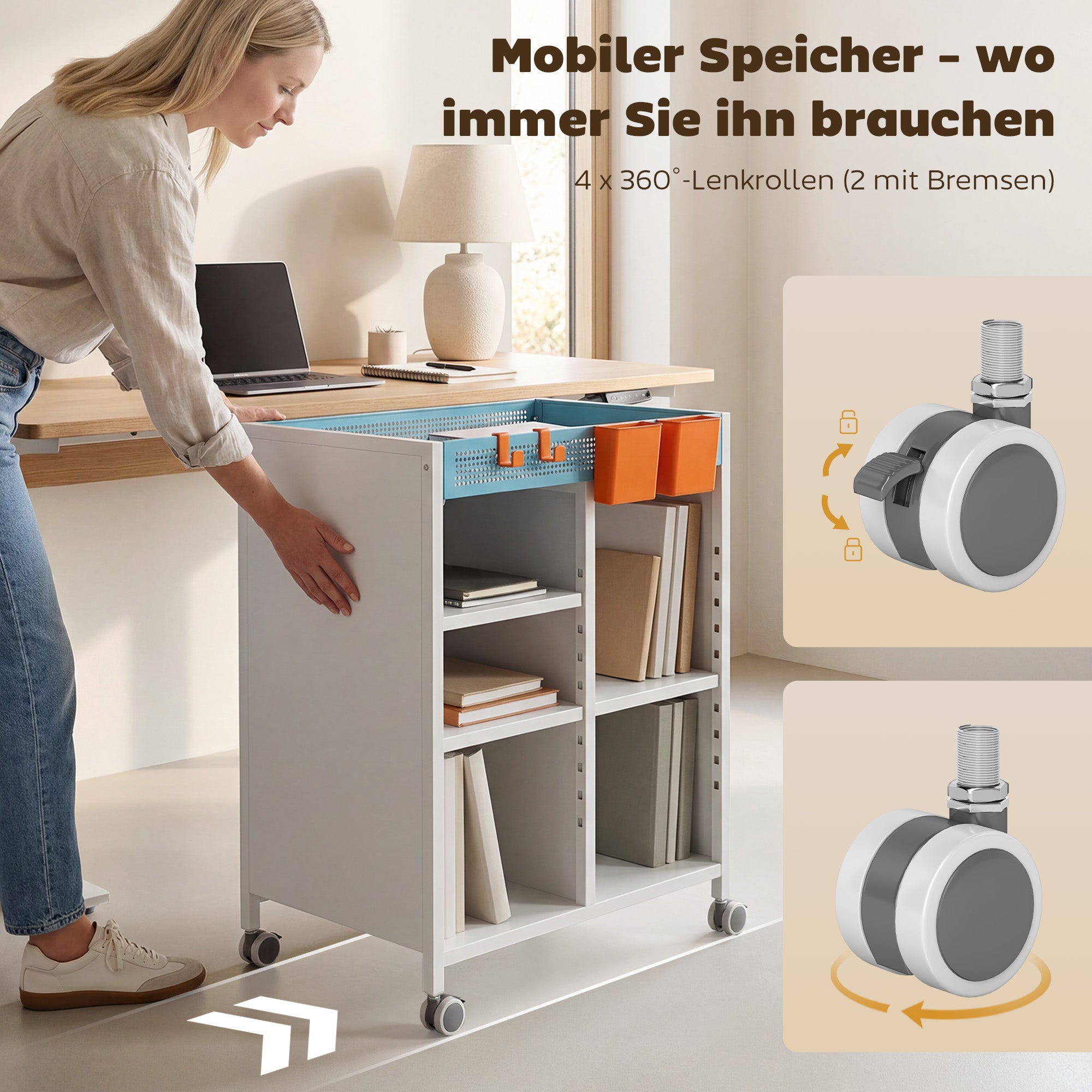 4-Tier Rolling Bookshelf Cart with Adjustable Shelves, Hanging Baskets & Hooks — White