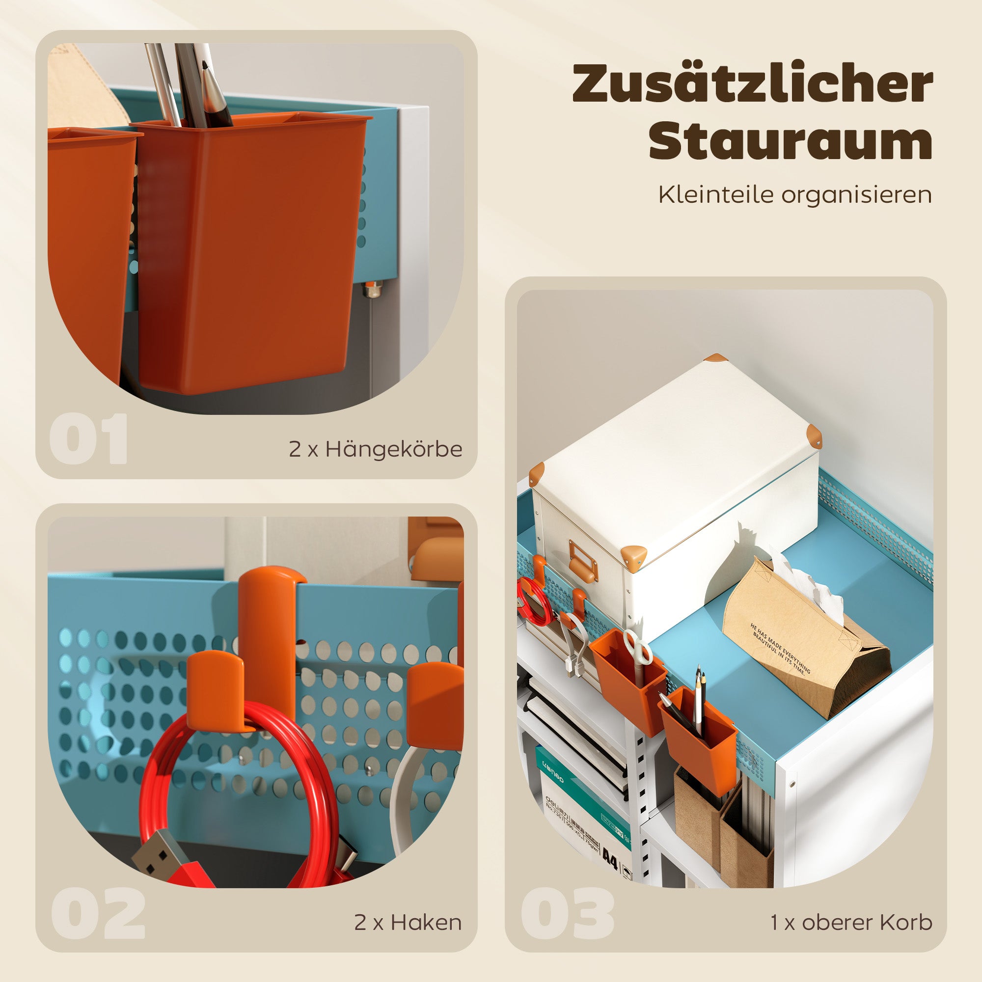 4-Tier Rolling Bookshelf Cart with Adjustable Shelves, Hanging Baskets & Hooks — White