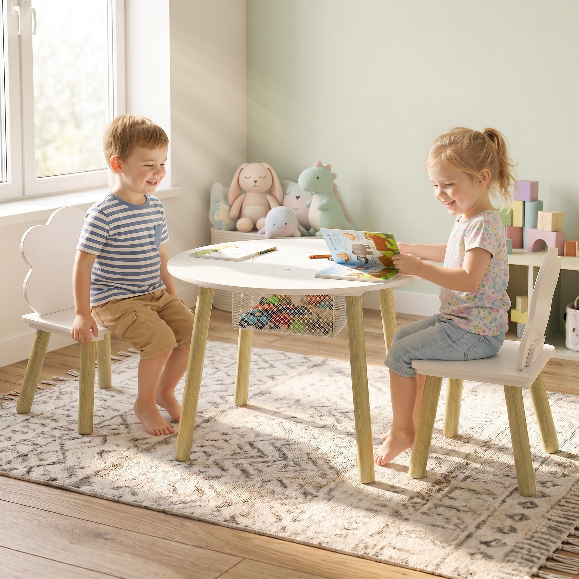Kids Cloud Table with 2 Chairs, Wooden Set with Storage Bag for Drawing, Play, Study — Gift for Ages 3–6, Playroom, Nursery, White
