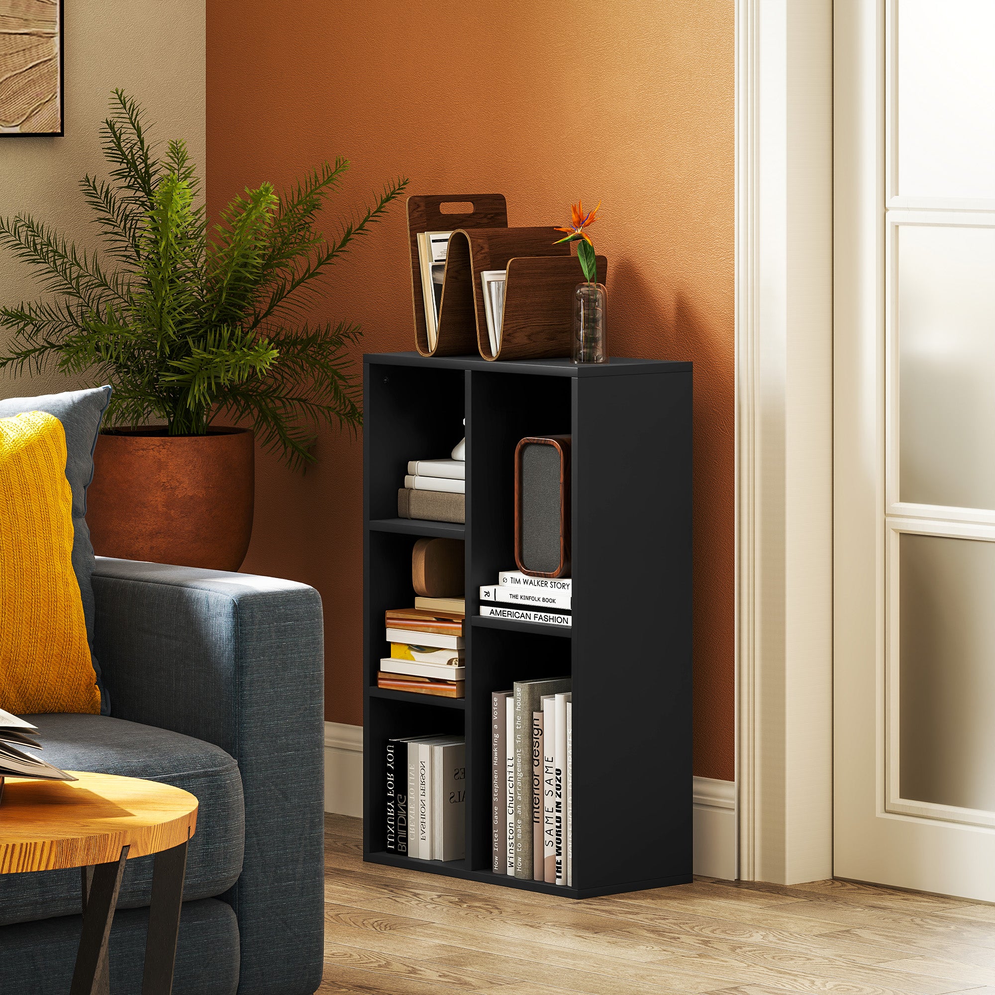 Bookshelf, 2-Tier Storage Shelf with 5 Compartments, for Living Room, Bedroom, Office, 50 x 24 x 80 cm, Black