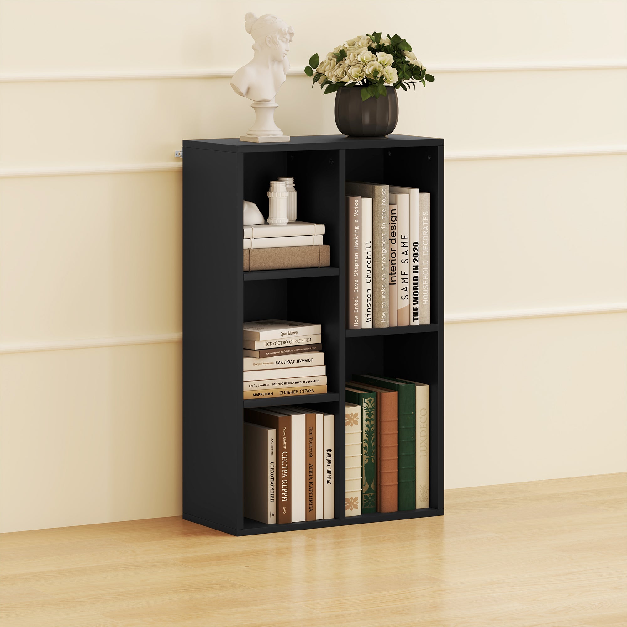 Bookshelf, 2-Tier Storage Shelf with 5 Compartments, for Living Room, Bedroom, Office, 50 x 24 x 80 cm, Black