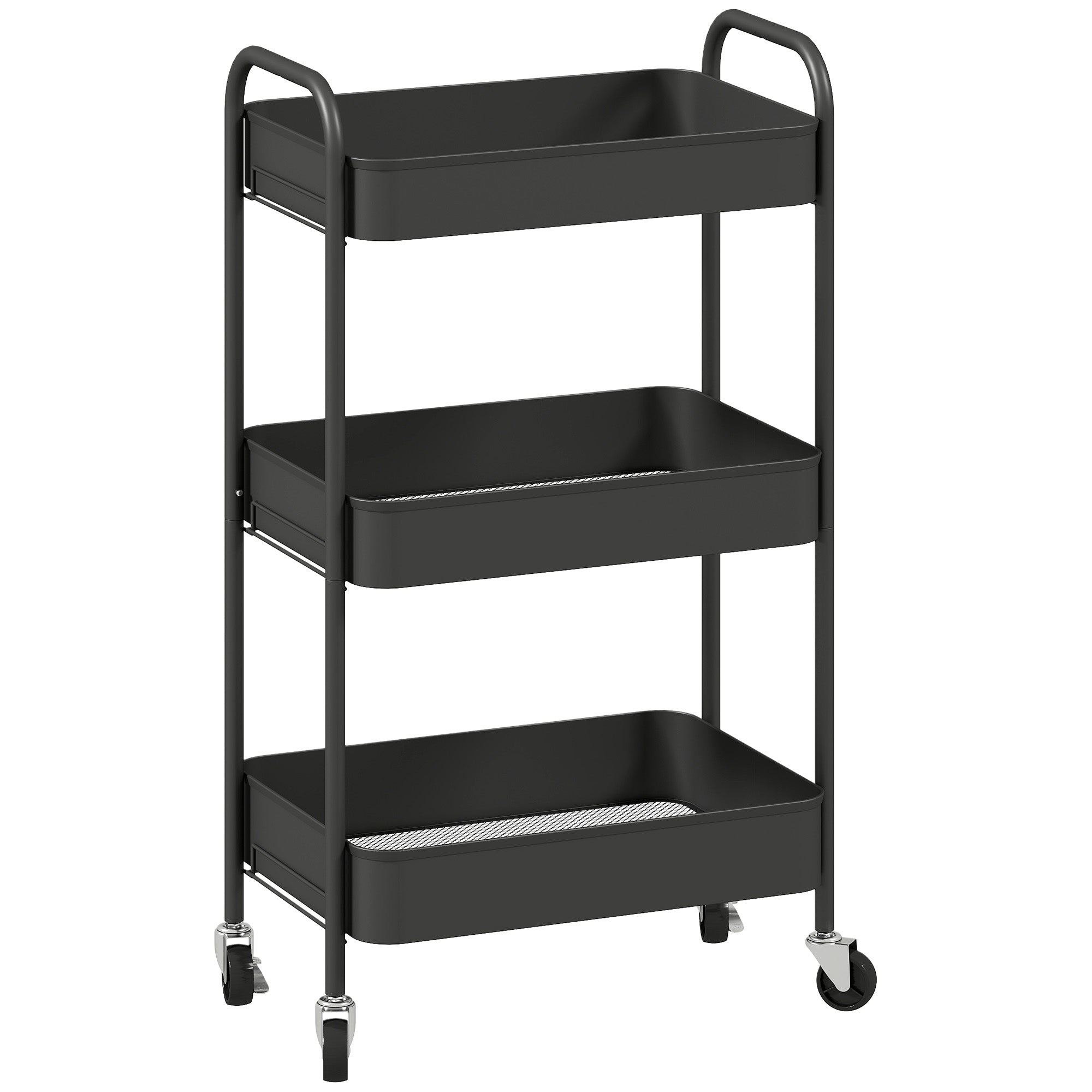 3-Tier Rolling Cart with Mesh Baskets, Wheels, Handles & Hooks – Black Steel
