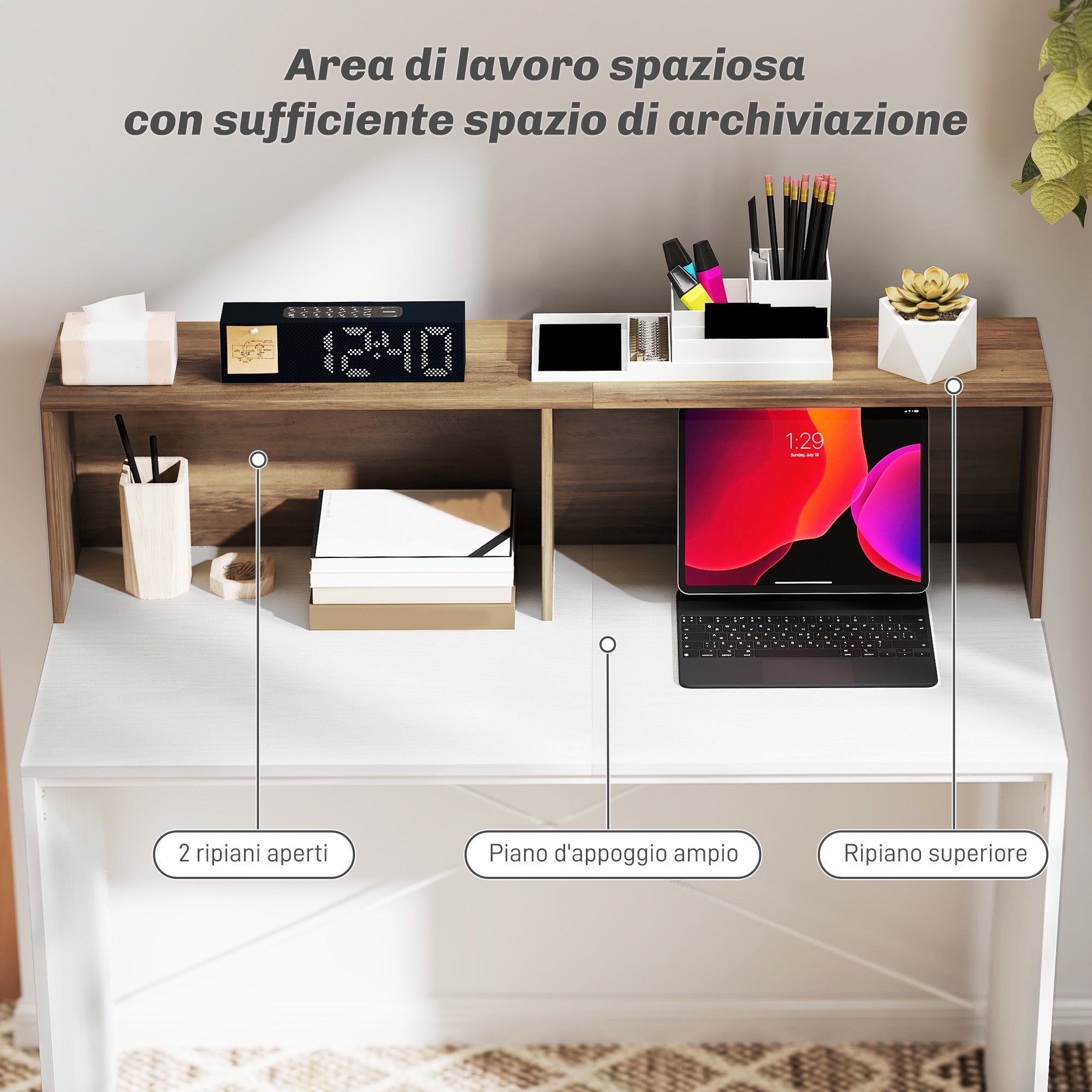 PC Desk for Study and Office with Raised Desktop and 2 Shelves, Modern Desk with X-Shaped Structure for Gaming, Home, Dining Room, 110x50x102.6 cm, White, Brown, and Walnut