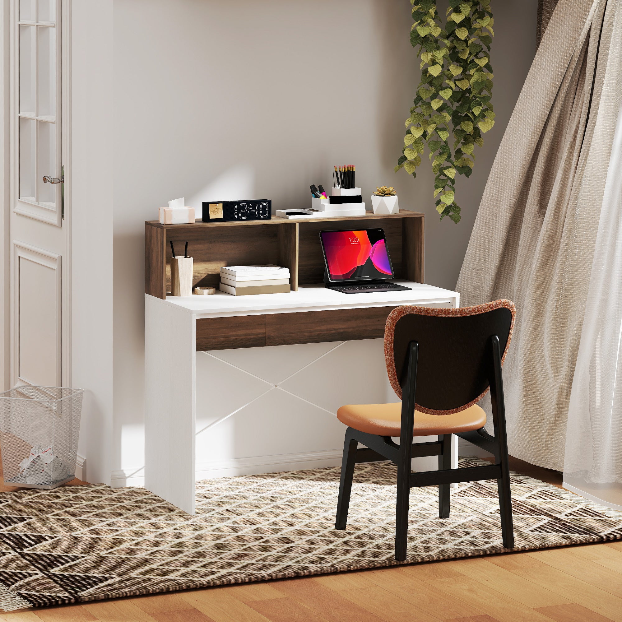 PC Desk for Study and Office with Raised Desktop and 2 Shelves, Modern Desk with X-Shaped Structure for Gaming, Home, Dining Room, 110x50x102.6 cm, White, Brown, and Walnut