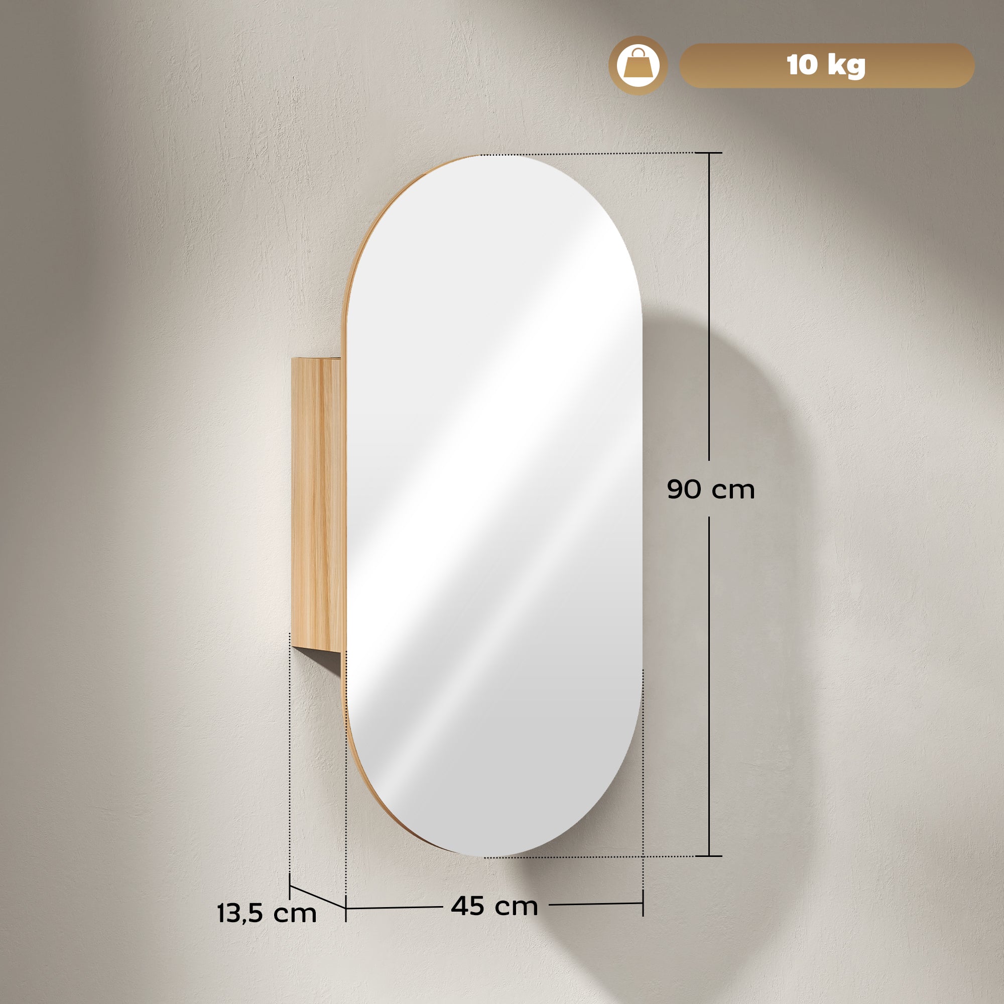 Wall Mounted Bathroom Cabinet with Oval Mirror, 45 x 90 cm, Modern Bathroom Furniture, Frameless Design, Mirror with Storage, Natural Wood