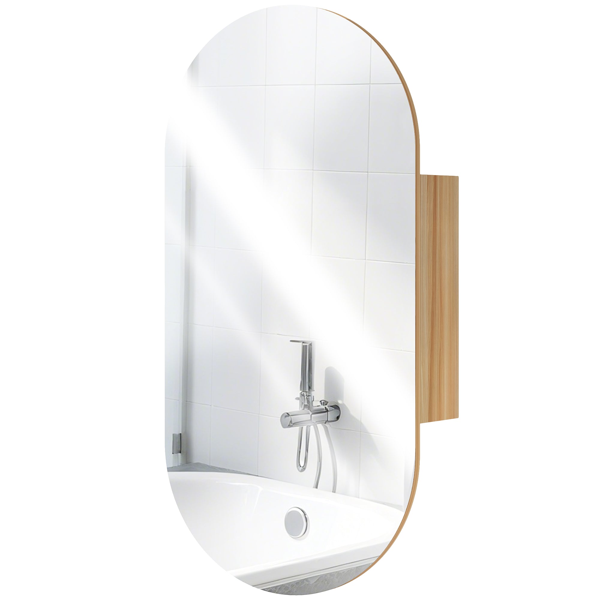 Wall Mounted Bathroom Cabinet with Oval Mirror, 45 x 90 cm, Modern Bathroom Furniture, Frameless Design, Mirror with Storage, Natural Wood