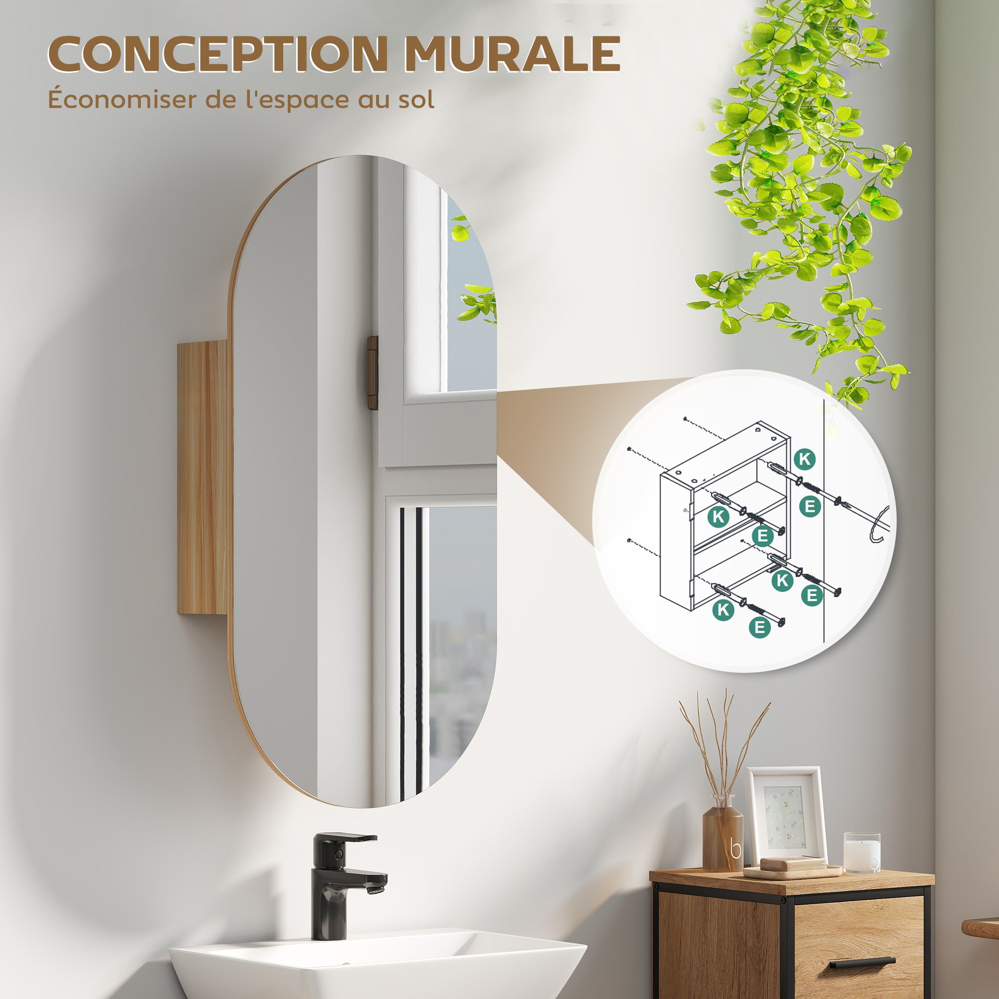 Wall Mounted Bathroom Cabinet with Oval Mirror, 45 x 90 cm, Modern Bathroom Furniture, Frameless Design, Mirror with Storage, Natural Wood