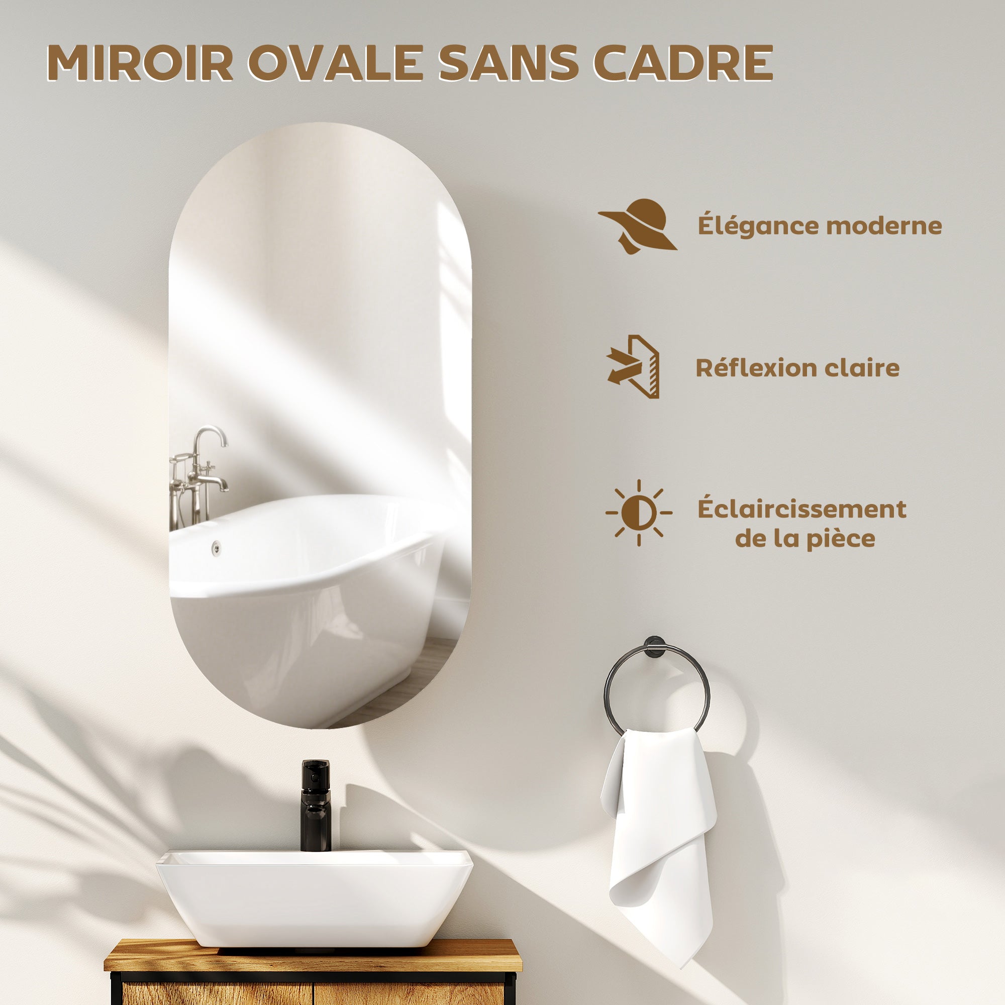 Wall Mounted Bathroom Cabinet with Oval Mirror, 45 x 90 cm, Modern Bathroom Furniture, Frameless Design, Mirror with Storage, Natural Wood