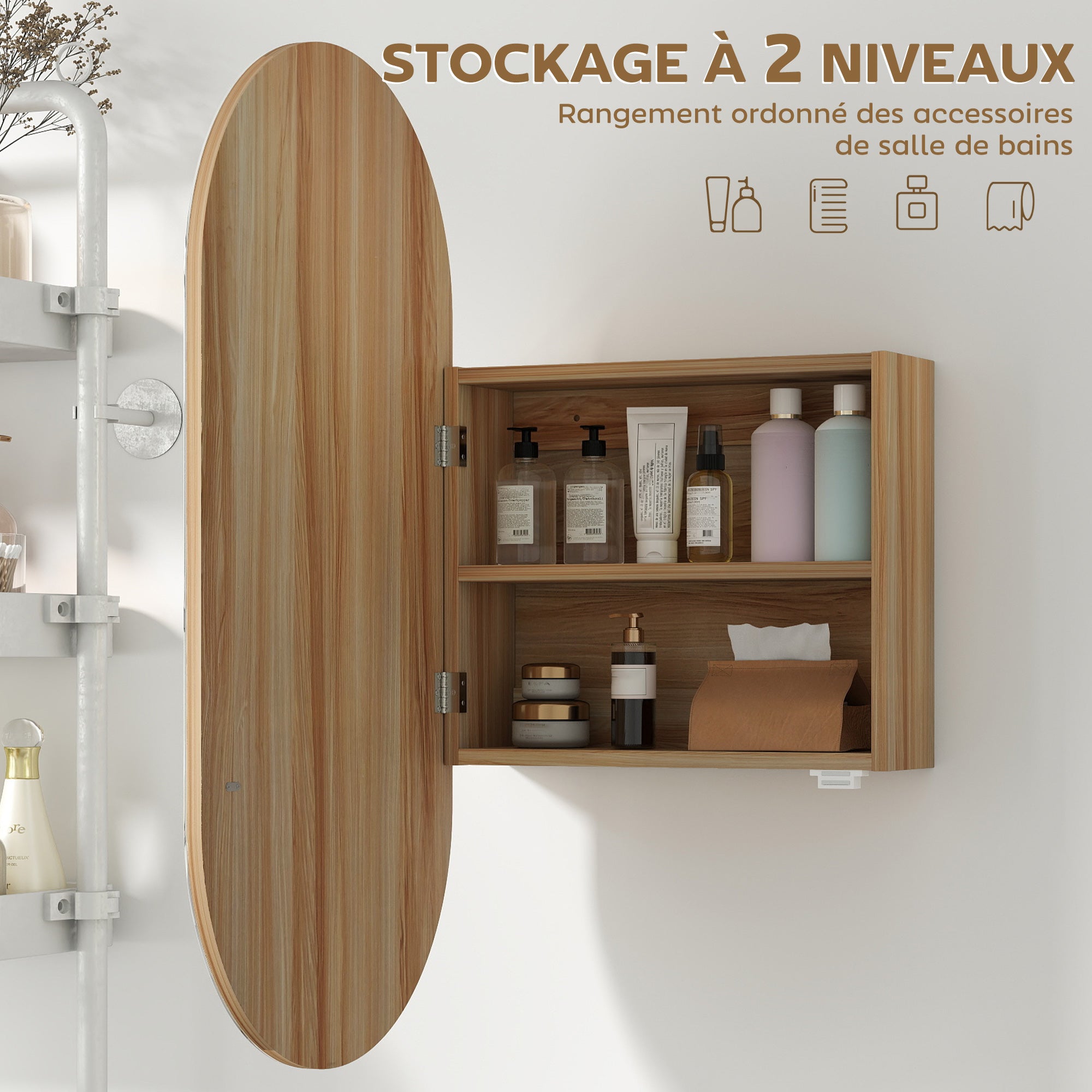 Wall Mounted Bathroom Cabinet with Oval Mirror, 45 x 90 cm, Modern Bathroom Furniture, Frameless Design, Mirror with Storage, Natural Wood