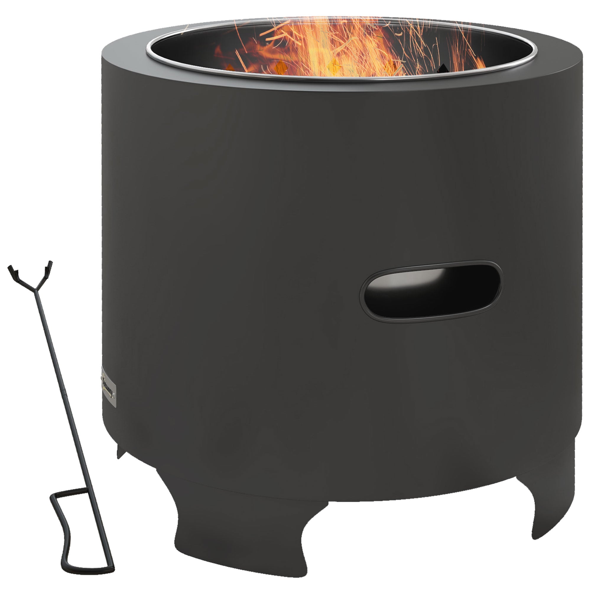 Smokeless Fire Pit Outdoor Portable Round Wood Burning Fire Pit with Stainless Steel Inner Pot, Poker, Textured Handles - 45 cm Diameter - Black
