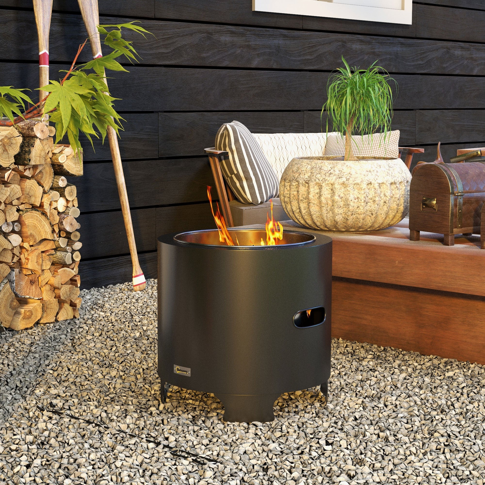 Smokeless Fire Pit Outdoor Portable Round Wood Burning Fire Pit with Stainless Steel Inner Pot, Poker, Textured Handles - 45 cm Diameter - Black