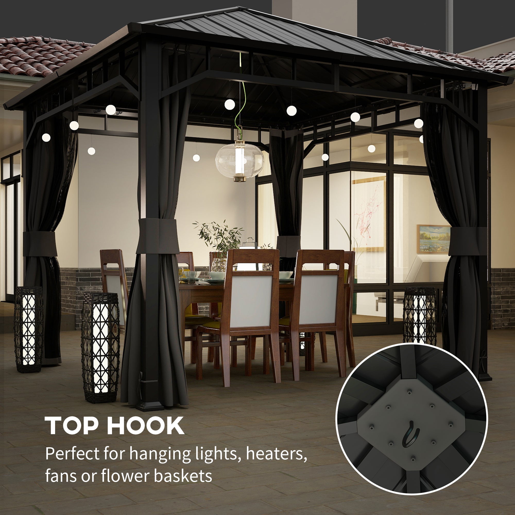 3 x 3 m Waterproof Garden Gazebo — Galvanized Metal Hardtop, Curtains & Mosquito Net, Ceiling Hook, Dark Gray