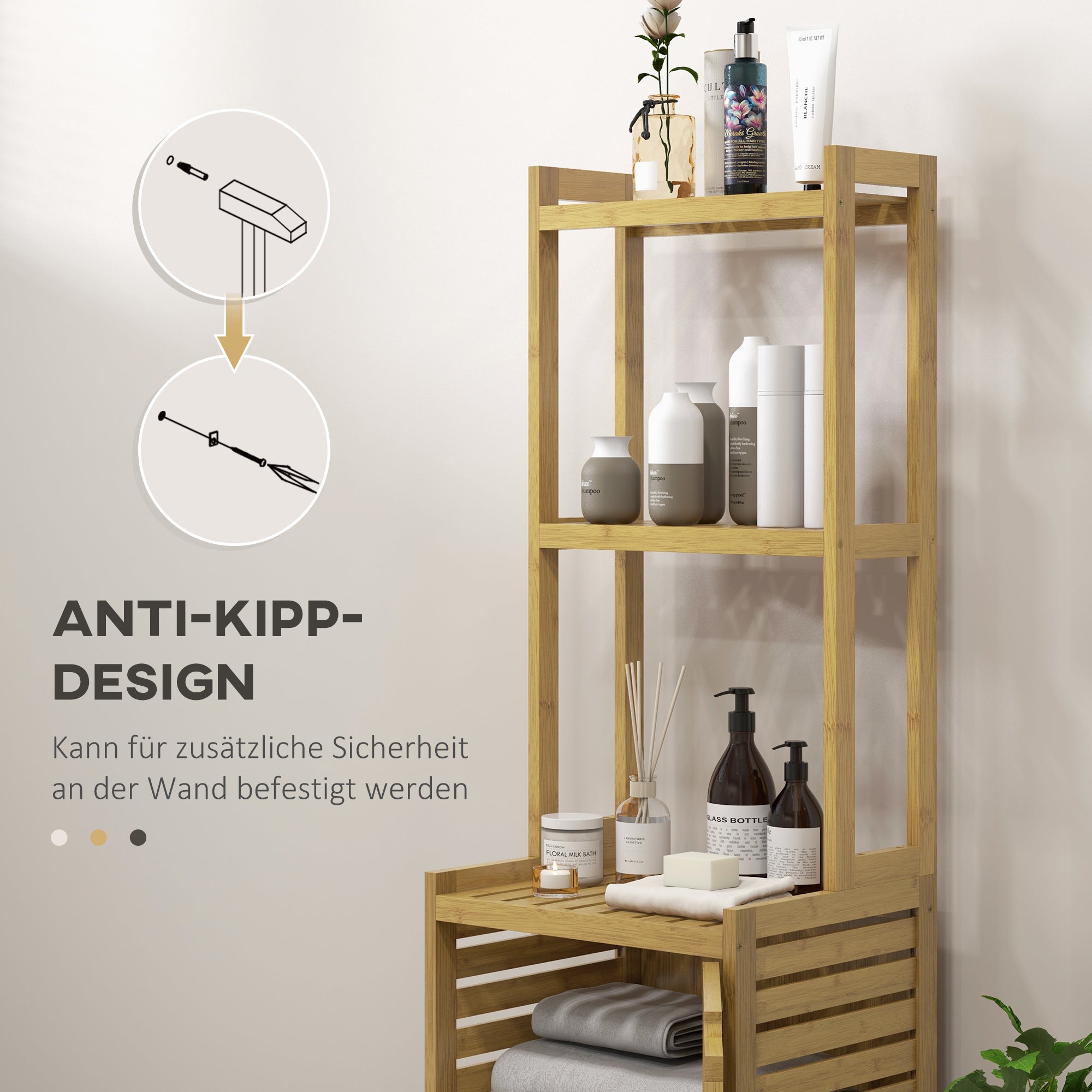 Bathroom Cabinet made of Bamboo, Bathroom Cabinet with Cabinet Compartment, Toilet Cabinet with 3 Open Shelves, Tip-Over Protection, for Bathroom, Natural Wood, 38.5 x 33 x 170 cm