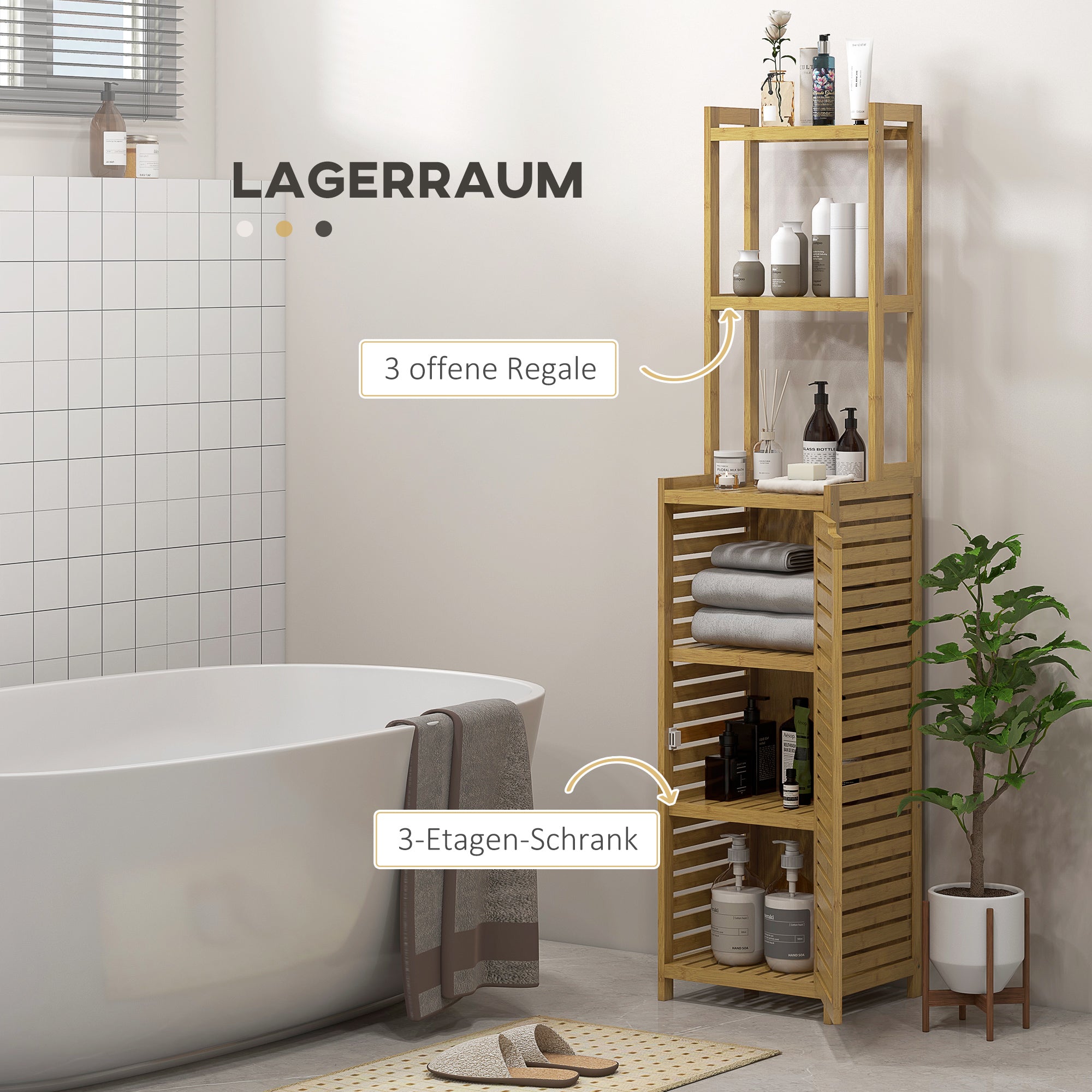 Bathroom Cabinet made of Bamboo, Bathroom Cabinet with Cabinet Compartment, Toilet Cabinet with 3 Open Shelves, Tip-Over Protection, for Bathroom, Natural Wood, 38.5 x 33 x 170 cm