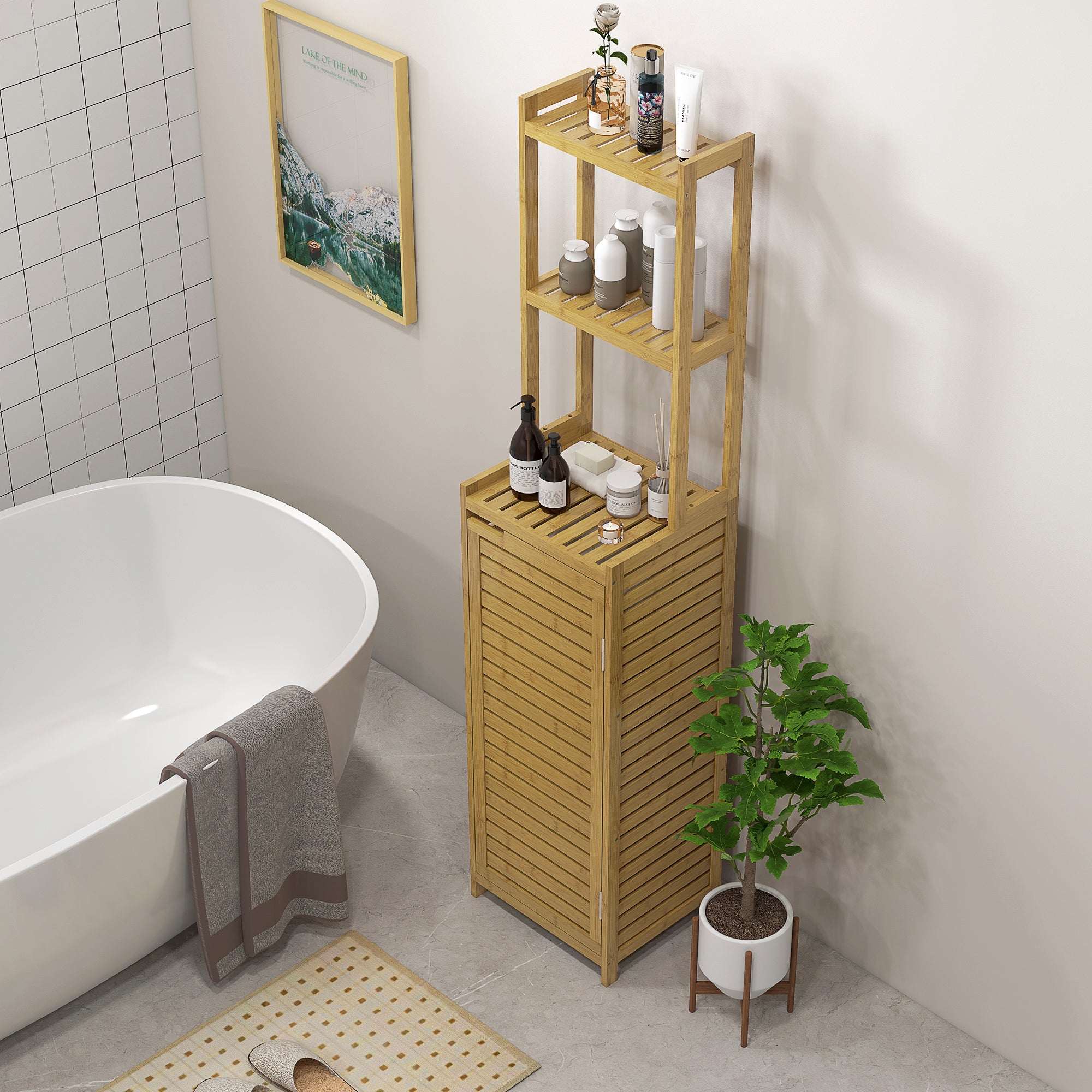 Bathroom Cabinet made of Bamboo, Bathroom Cabinet with Cabinet Compartment, Toilet Cabinet with 3 Open Shelves, Tip-Over Protection, for Bathroom, Natural Wood, 38.5 x 33 x 170 cm