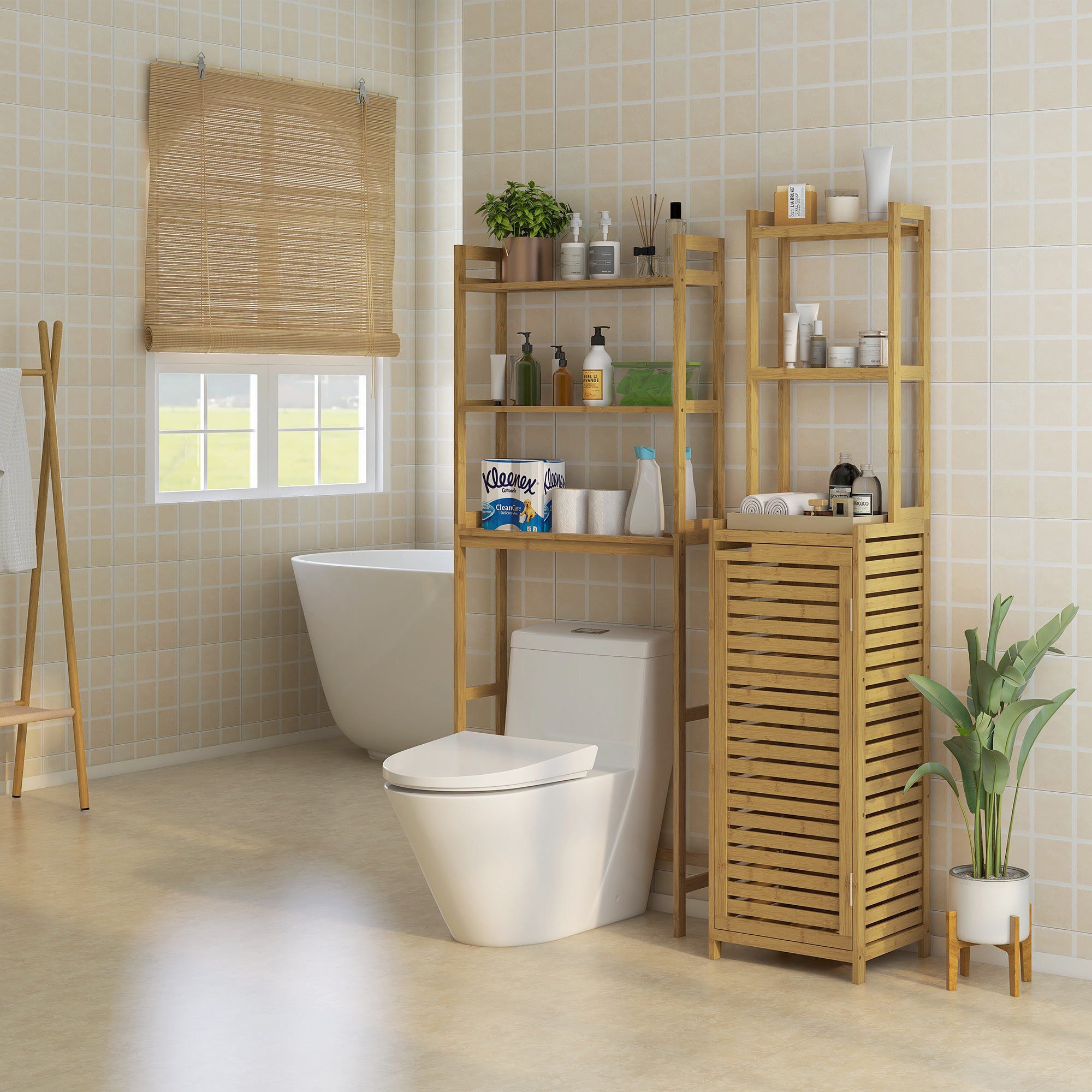 Bathroom Cabinet made of Bamboo, Bathroom Cabinet with Cabinet Compartment, Toilet Cabinet with 3 Open Shelves, Tip-Over Protection, for Bathroom, Natural Wood, 38.5 x 33 x 170 cm