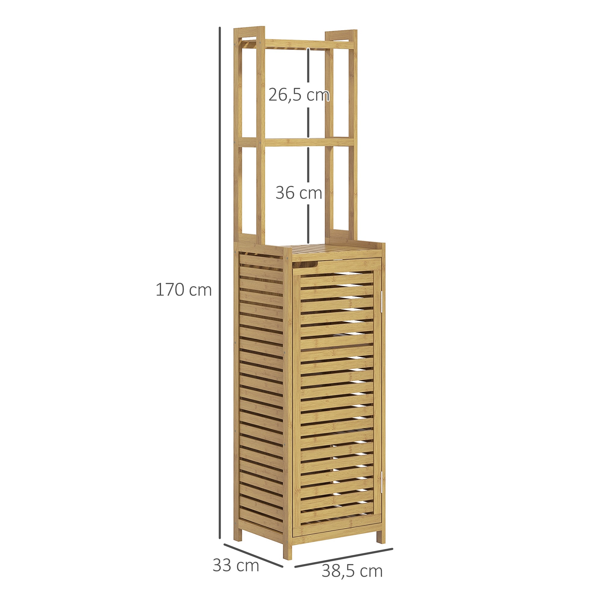 Bathroom Cabinet made of Bamboo, Bathroom Cabinet with Cabinet Compartment, Toilet Cabinet with 3 Open Shelves, Tip-Over Protection, for Bathroom, Natural Wood, 38.5 x 33 x 170 cm