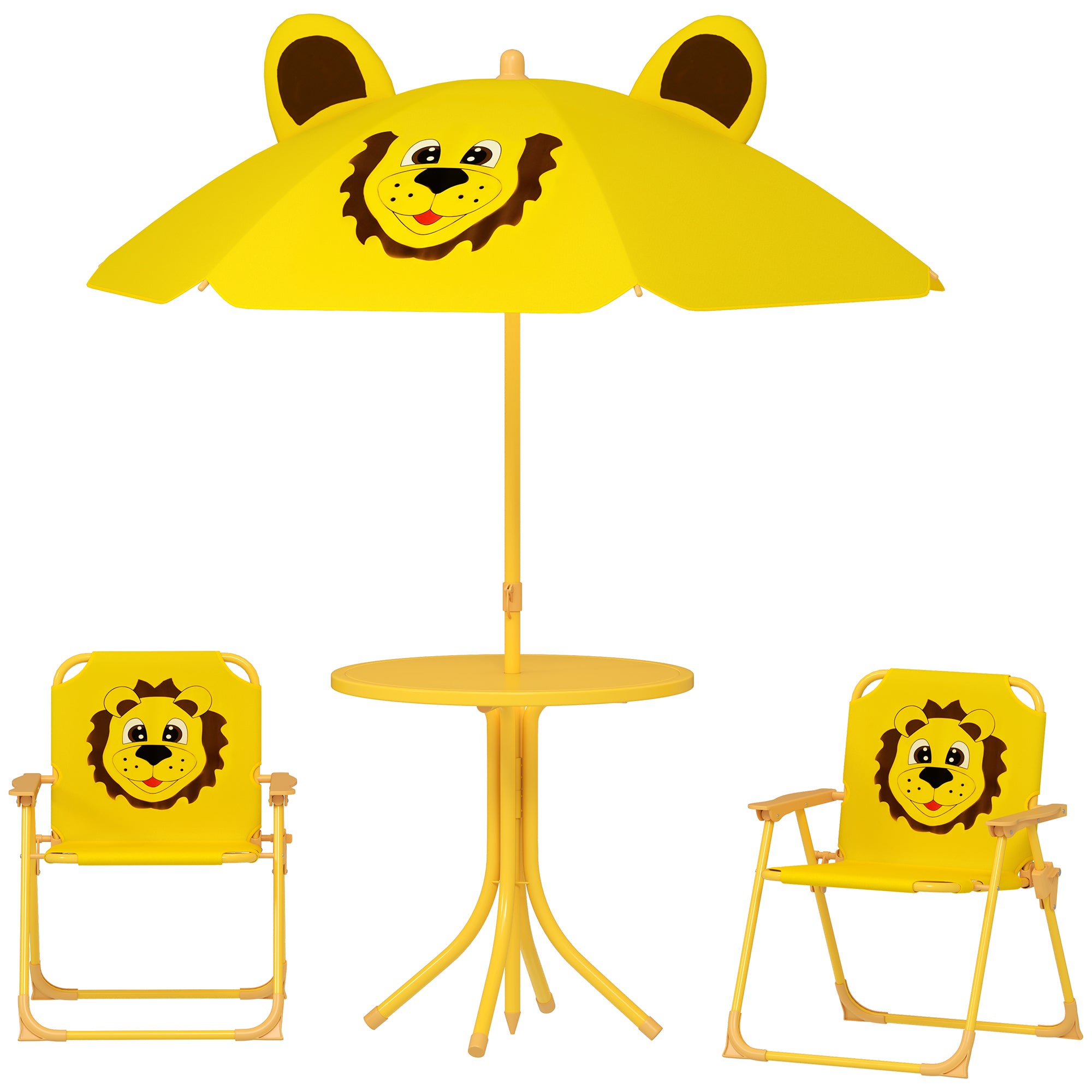Kids Seating Group with Adjustable Height Sun Umbrella Kids Table with 2 Folding Chairs Children's Seating Set Kids Seating Group Outdoor Garden Furniture for Garden Beach, Yellow