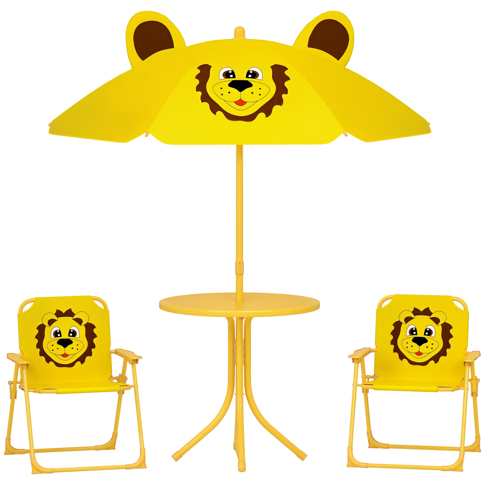Kids Seating Group with Adjustable Height Sun Umbrella Kids Table with 2 Folding Chairs Children's Seating Set Kids Seating Group Outdoor Garden Furniture for Garden Beach, Yellow