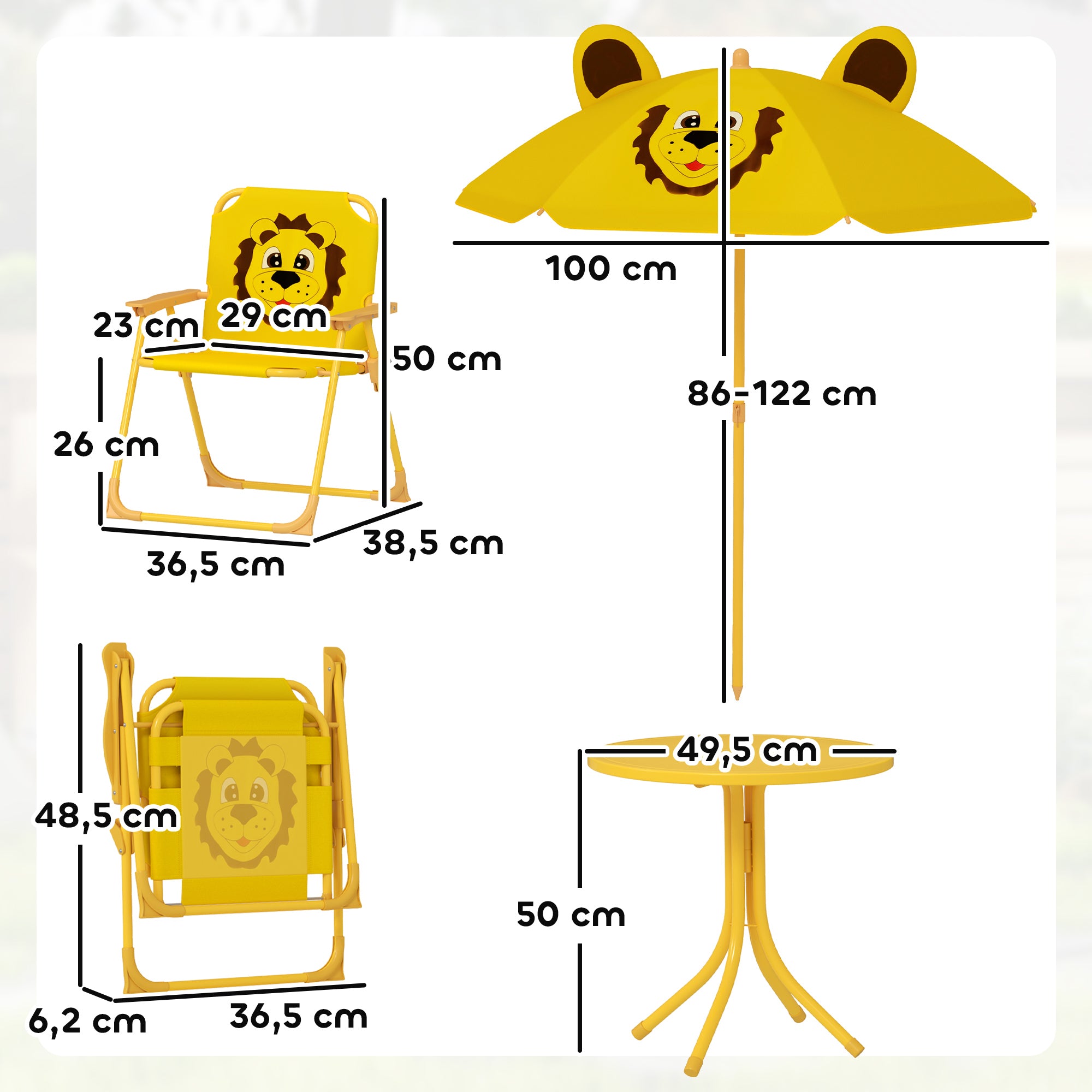 Kids Seating Group with Adjustable Height Sun Umbrella Kids Table with 2 Folding Chairs Children's Seating Set Kids Seating Group Outdoor Garden Furniture for Garden Beach, Yellow