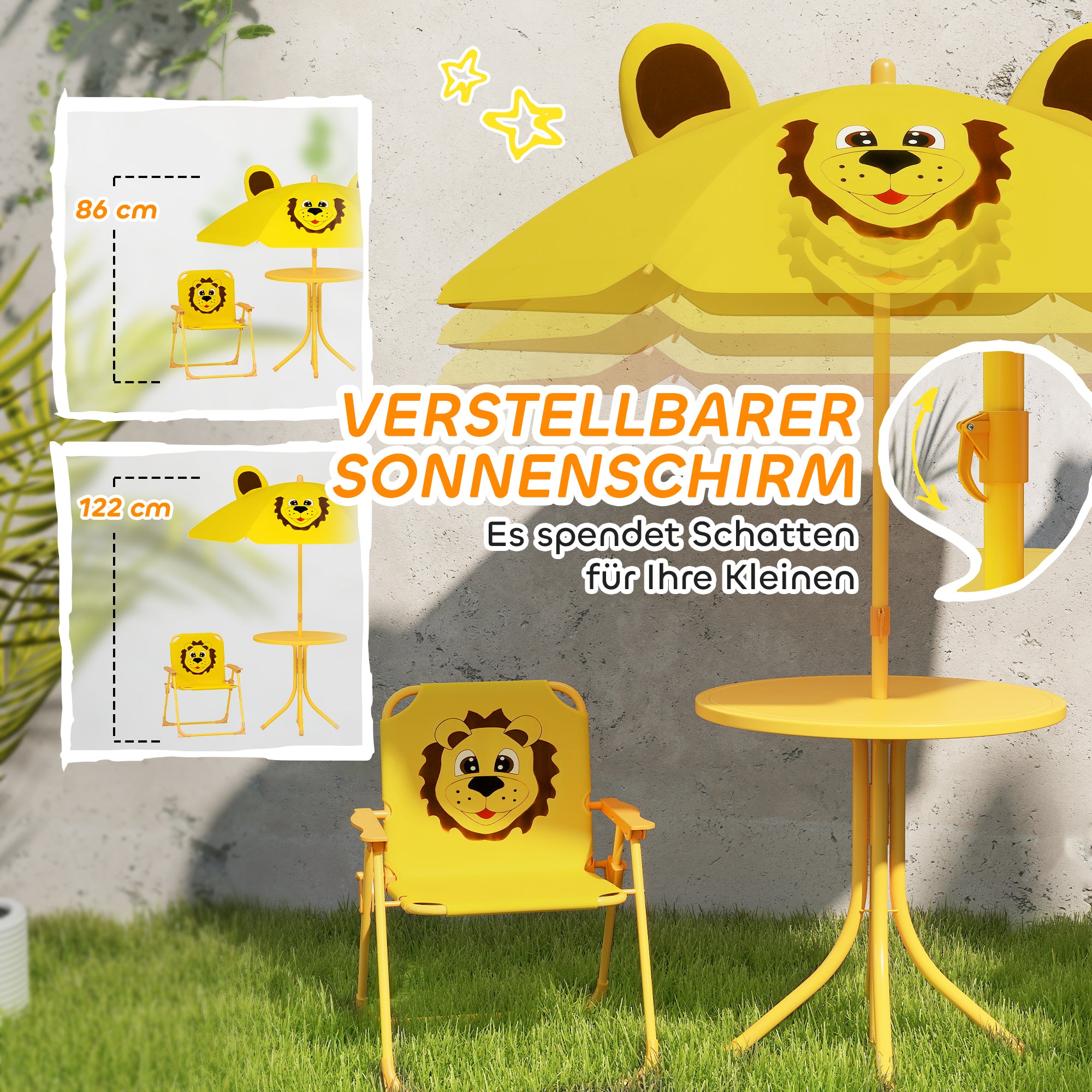 Kids Seating Group with Adjustable Height Sun Umbrella Kids Table with 2 Folding Chairs Children's Seating Set Kids Seating Group Outdoor Garden Furniture for Garden Beach, Yellow