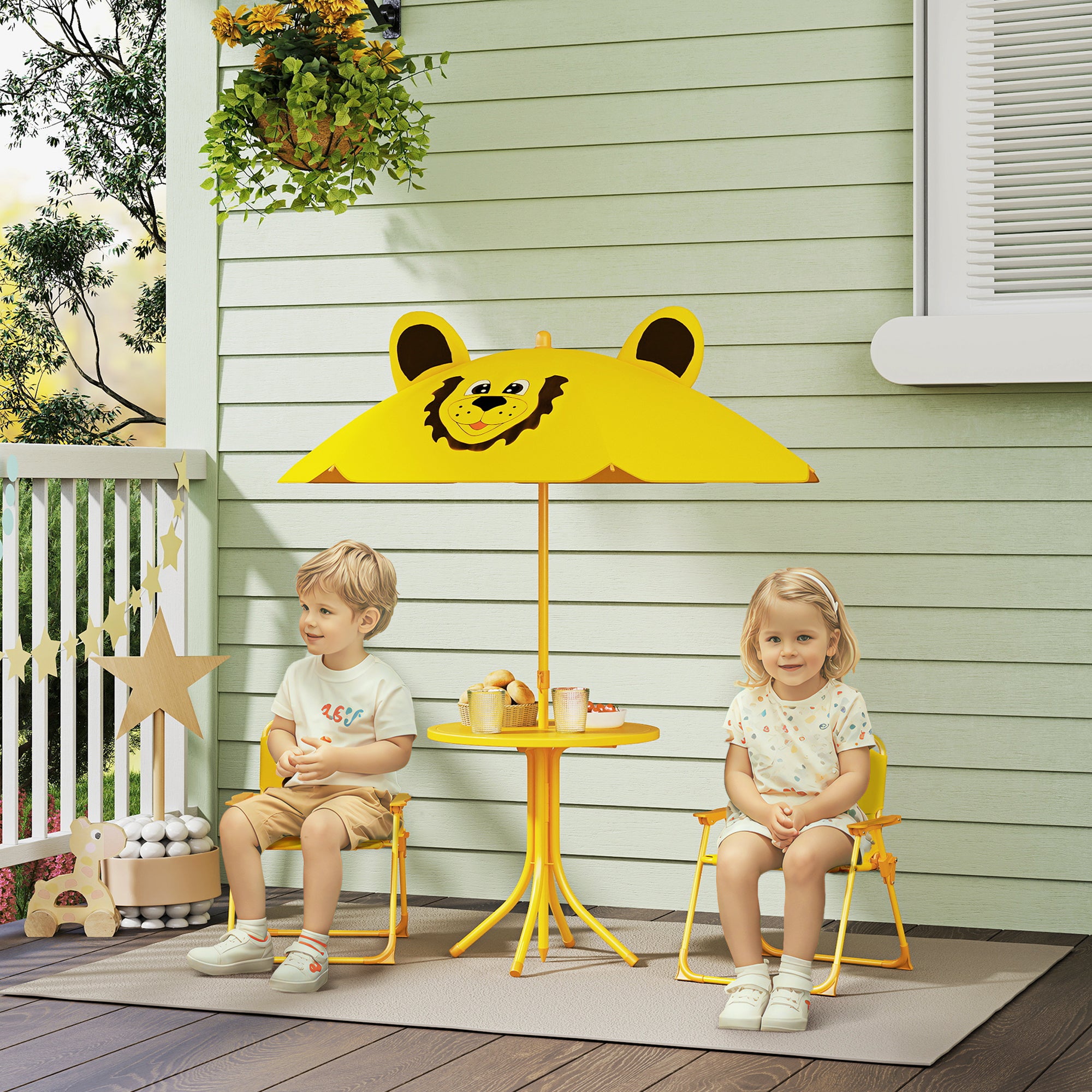 Kids Seating Group with Adjustable Height Sun Umbrella Kids Table with 2 Folding Chairs Children's Seating Set Kids Seating Group Outdoor Garden Furniture for Garden Beach, Yellow