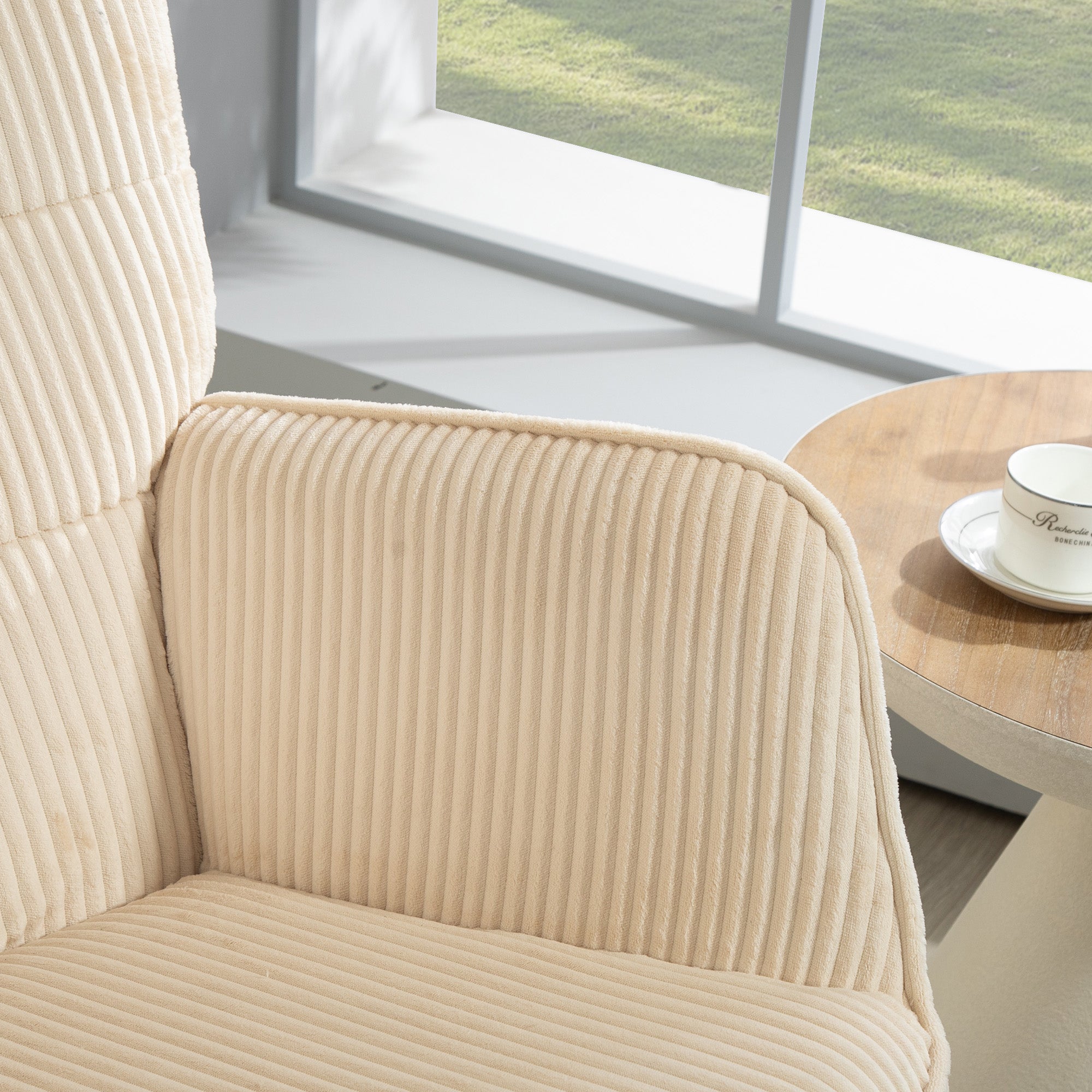 Schaukelstuhl, Schaukelsessel mit Kordoptik, Armlehne, Gepolsterter Sessel mit Holzkufen, Relaxsessel für Wohnzimmer, Schlafzimmer, bis 120kg belastbar, Beige