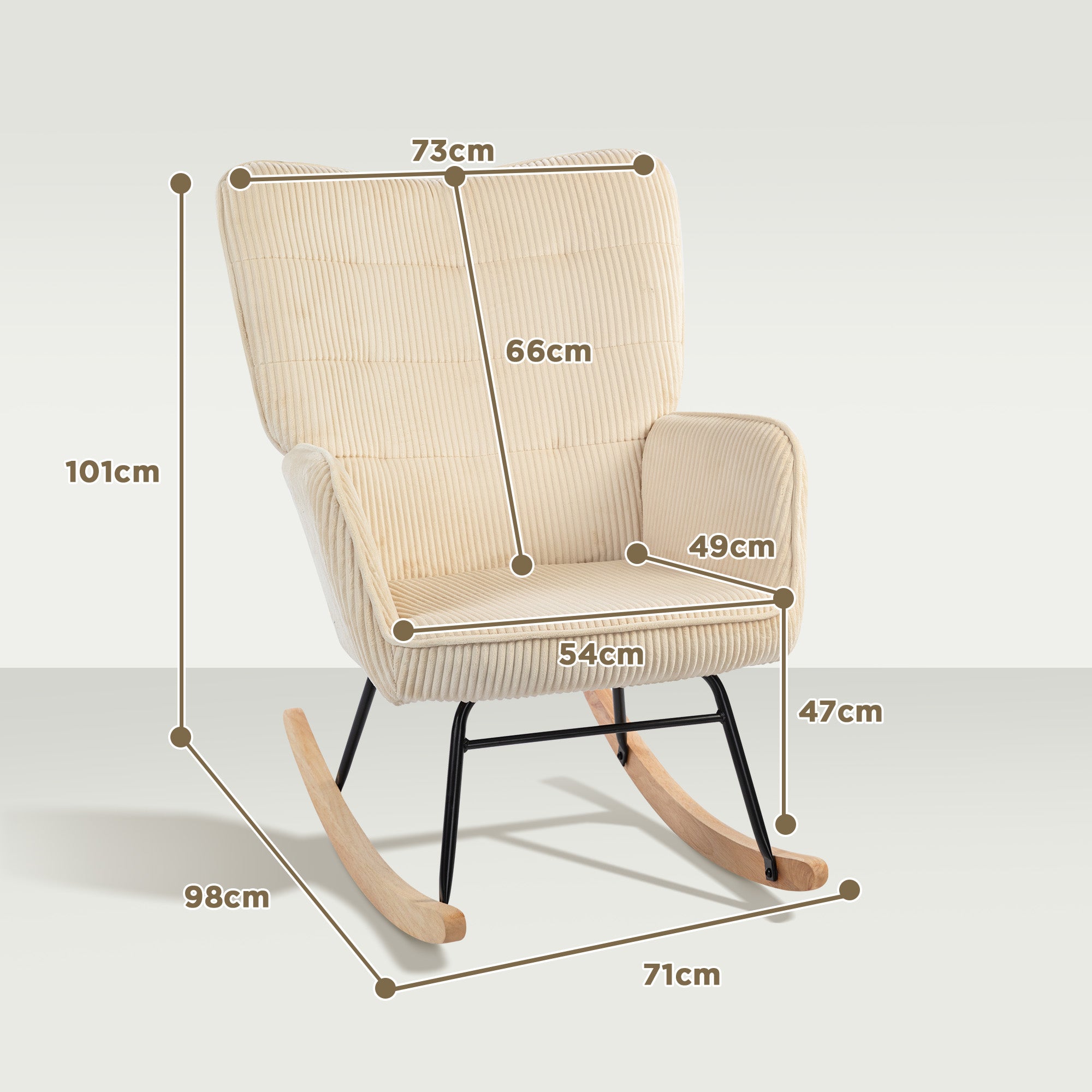 Schaukelstuhl, Schaukelsessel mit Kordoptik, Armlehne, Gepolsterter Sessel mit Holzkufen, Relaxsessel für Wohnzimmer, Schlafzimmer, bis 120kg belastbar, Beige