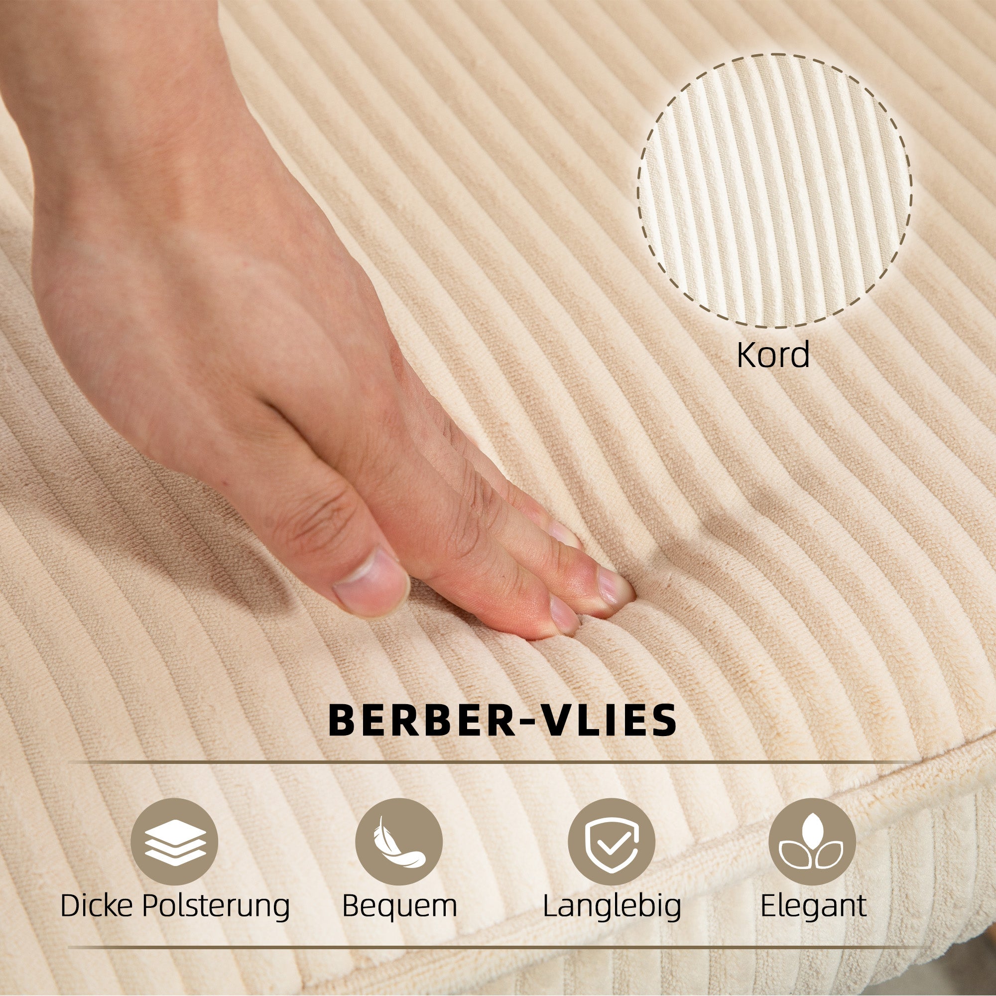 Schaukelstuhl, Schaukelsessel mit Kordoptik, Armlehne, Gepolsterter Sessel mit Holzkufen, Relaxsessel für Wohnzimmer, Schlafzimmer, bis 120kg belastbar, Beige