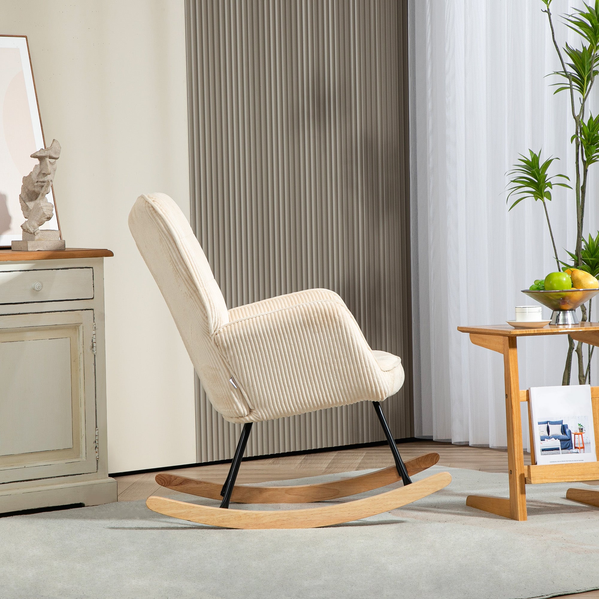 Schaukelstuhl, Schaukelsessel mit Kordoptik, Armlehne, Gepolsterter Sessel mit Holzkufen, Relaxsessel für Wohnzimmer, Schlafzimmer, bis 120kg belastbar, Beige