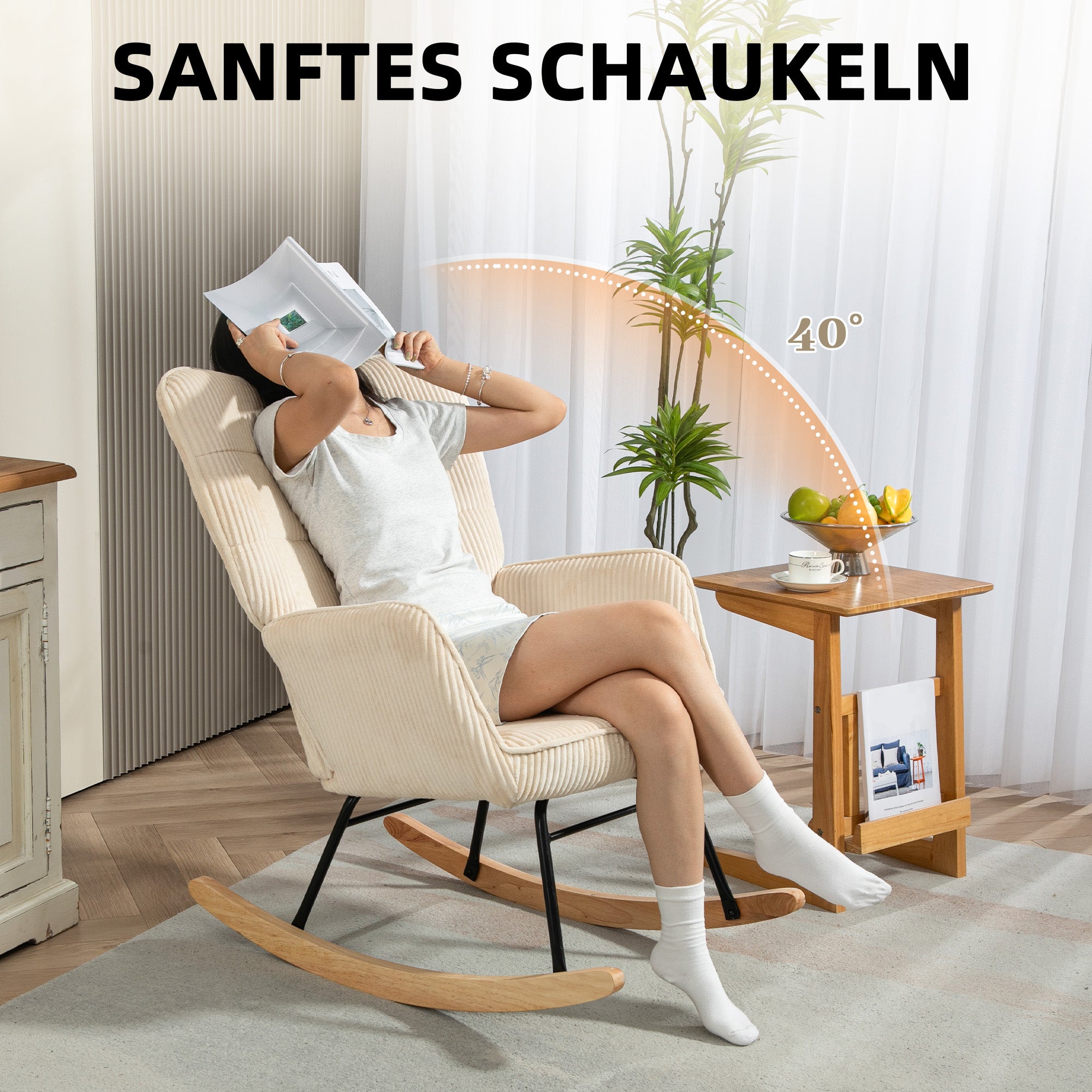 Schaukelstuhl, Schaukelsessel mit Kordoptik, Armlehne, Gepolsterter Sessel mit Holzkufen, Relaxsessel für Wohnzimmer, Schlafzimmer, bis 120kg belastbar, Beige
